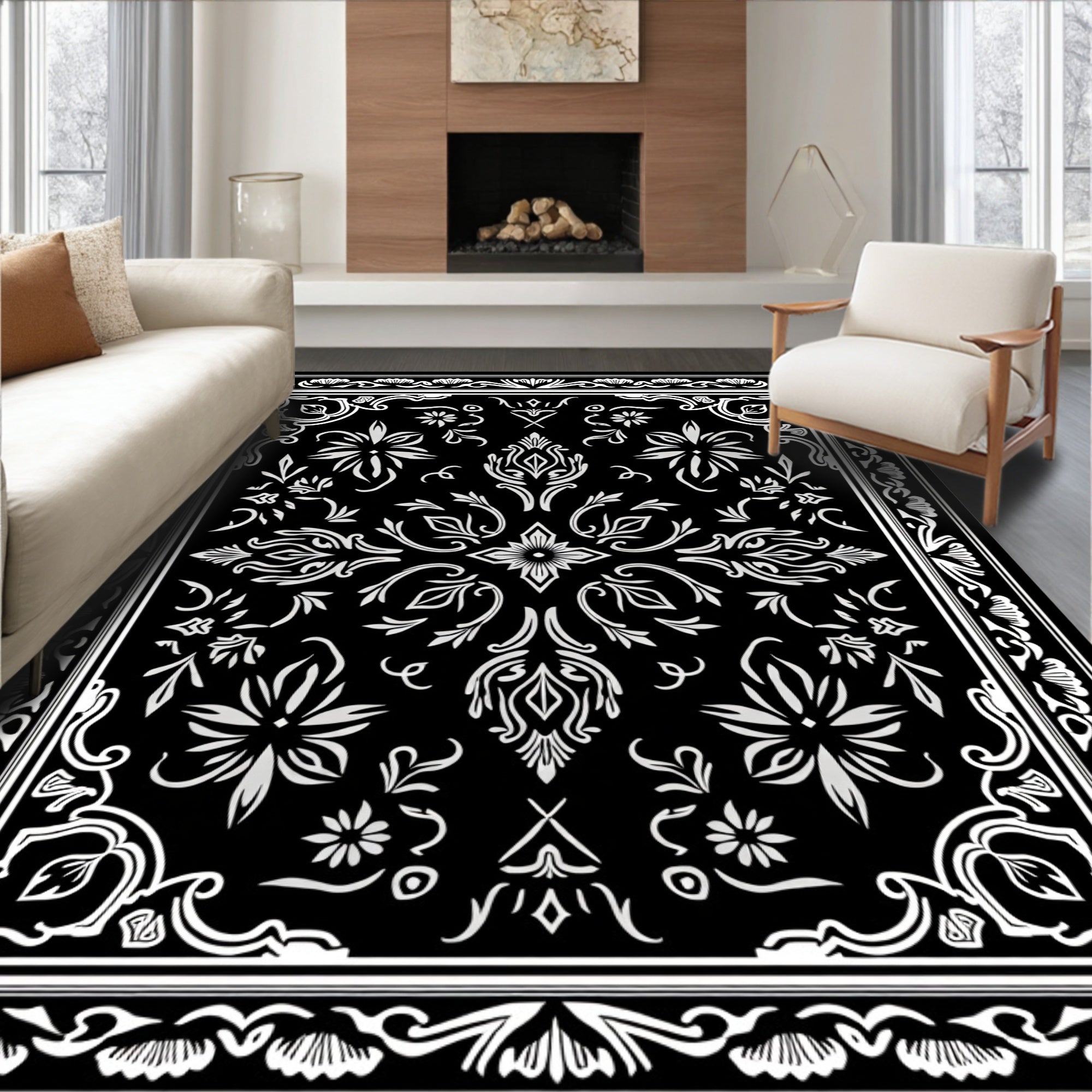 Black White Floral Mandala Pattern Rug
