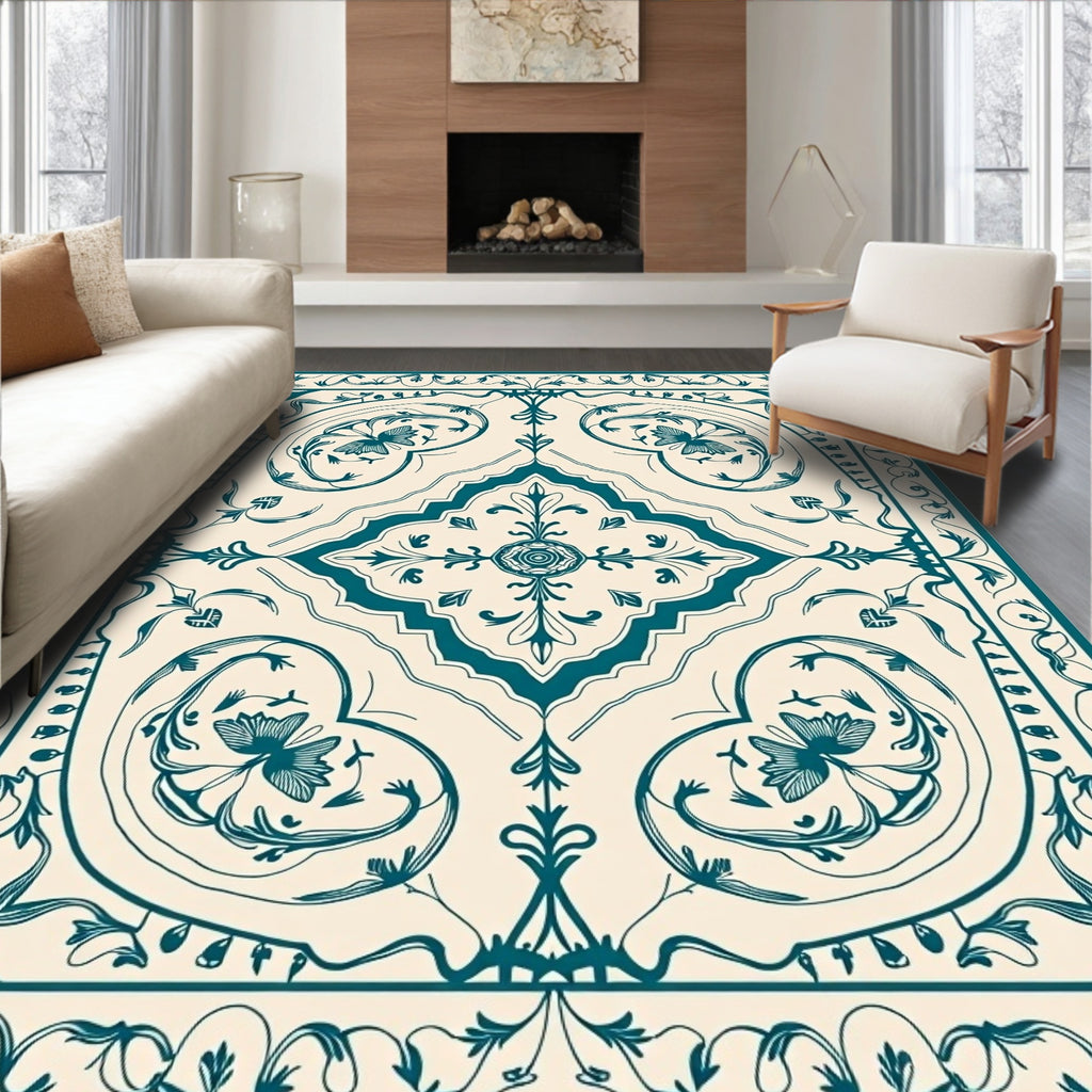 Vintage Teal Floral Scroll Design Rug