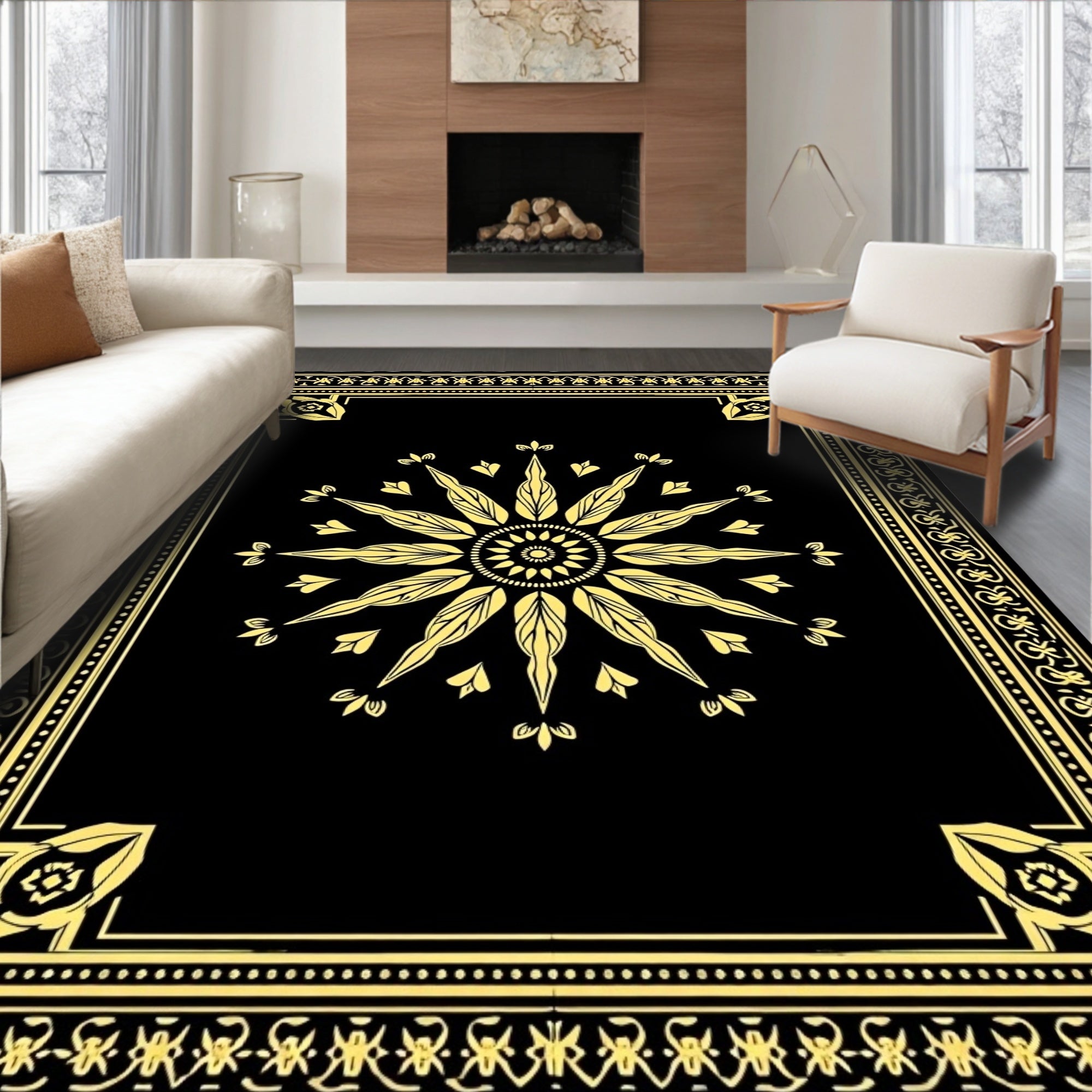 Black Gold Floral Sunburst Mandala Rug