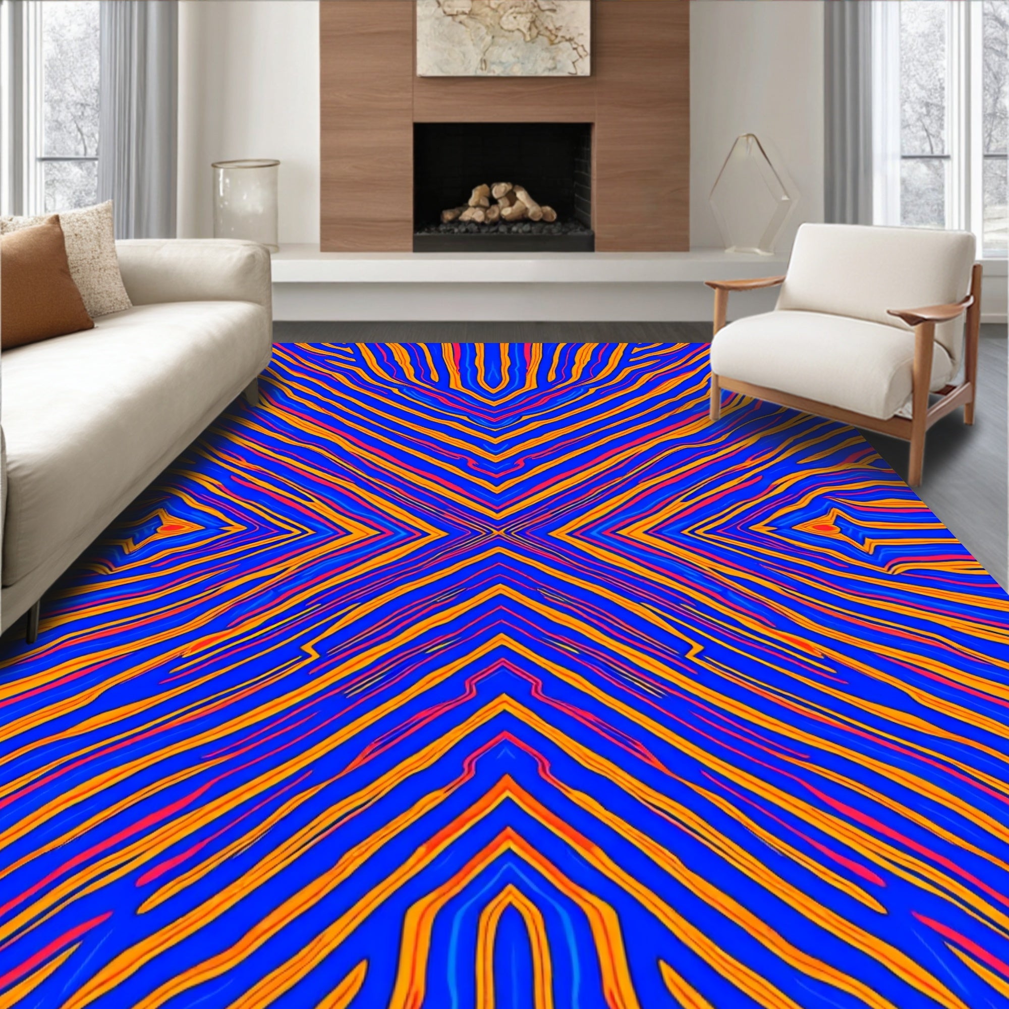 Vibrant Blue Orange Geometric Lines Rug