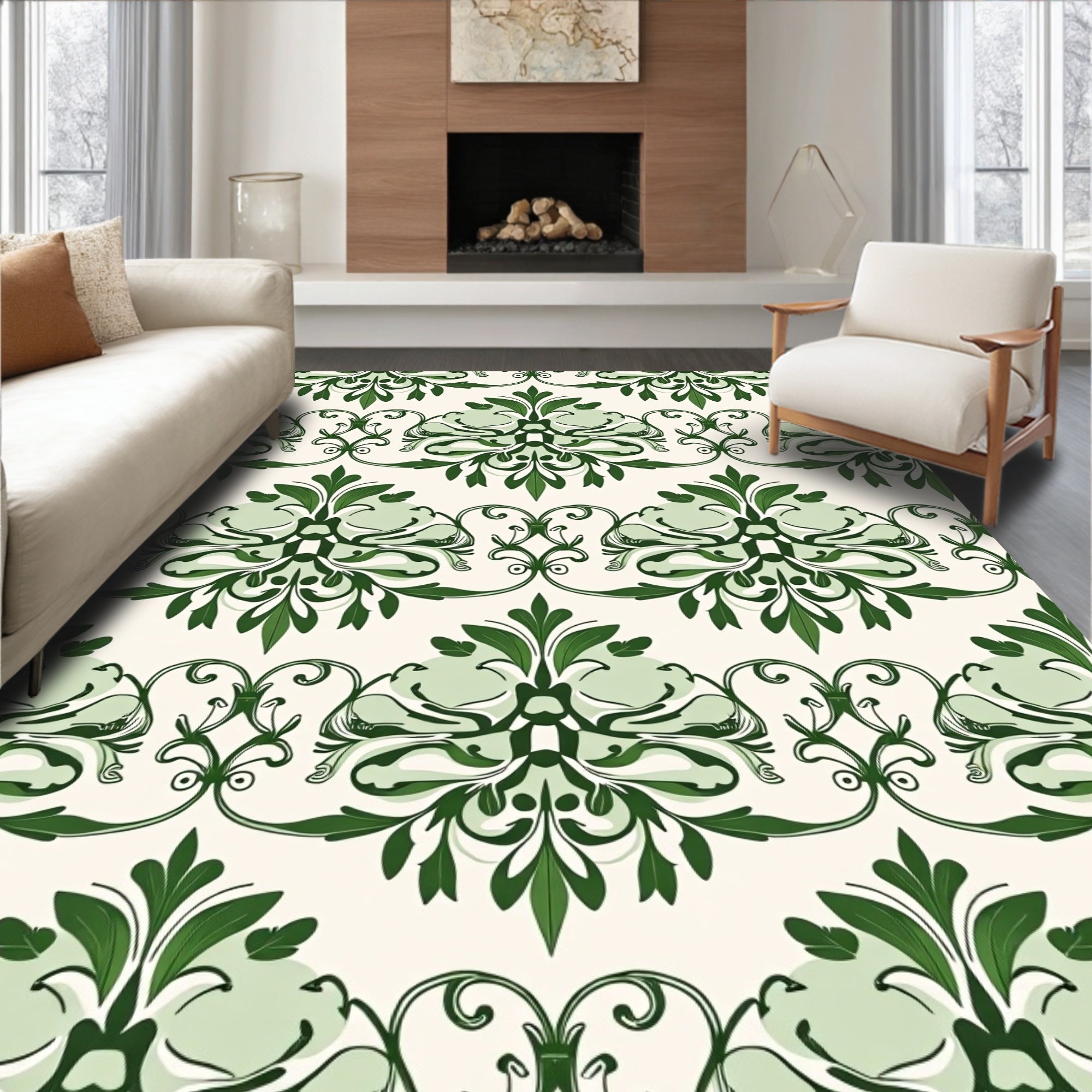 Ornate Green Floral Damask Pattern Rug