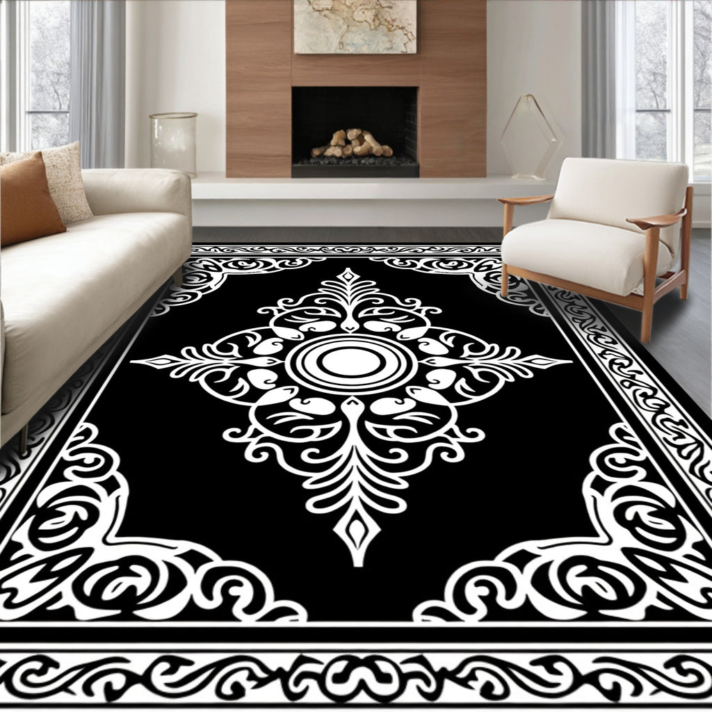 Ornate Black White Mandala Design Rug