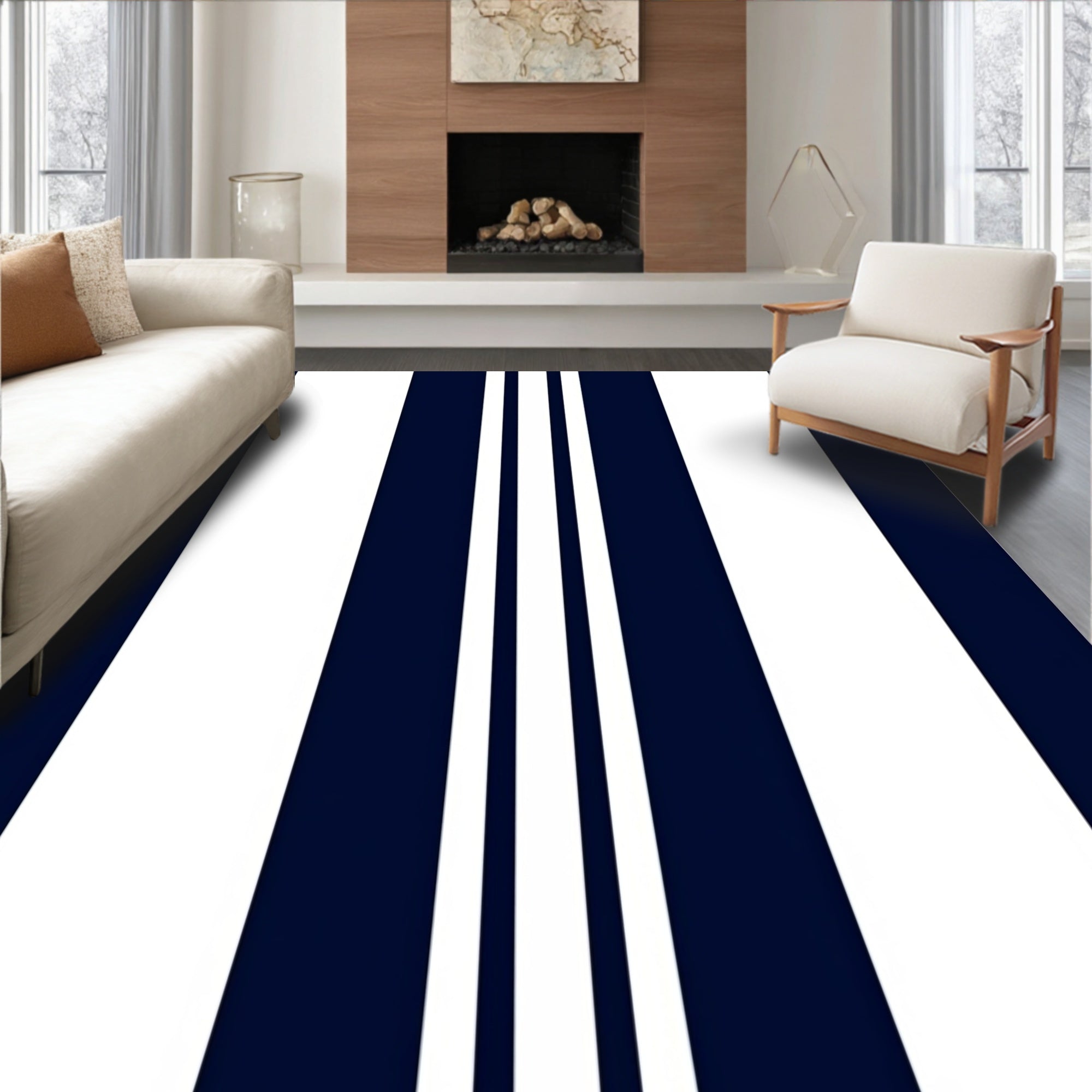 Bold Navy White Stripe Design Rug