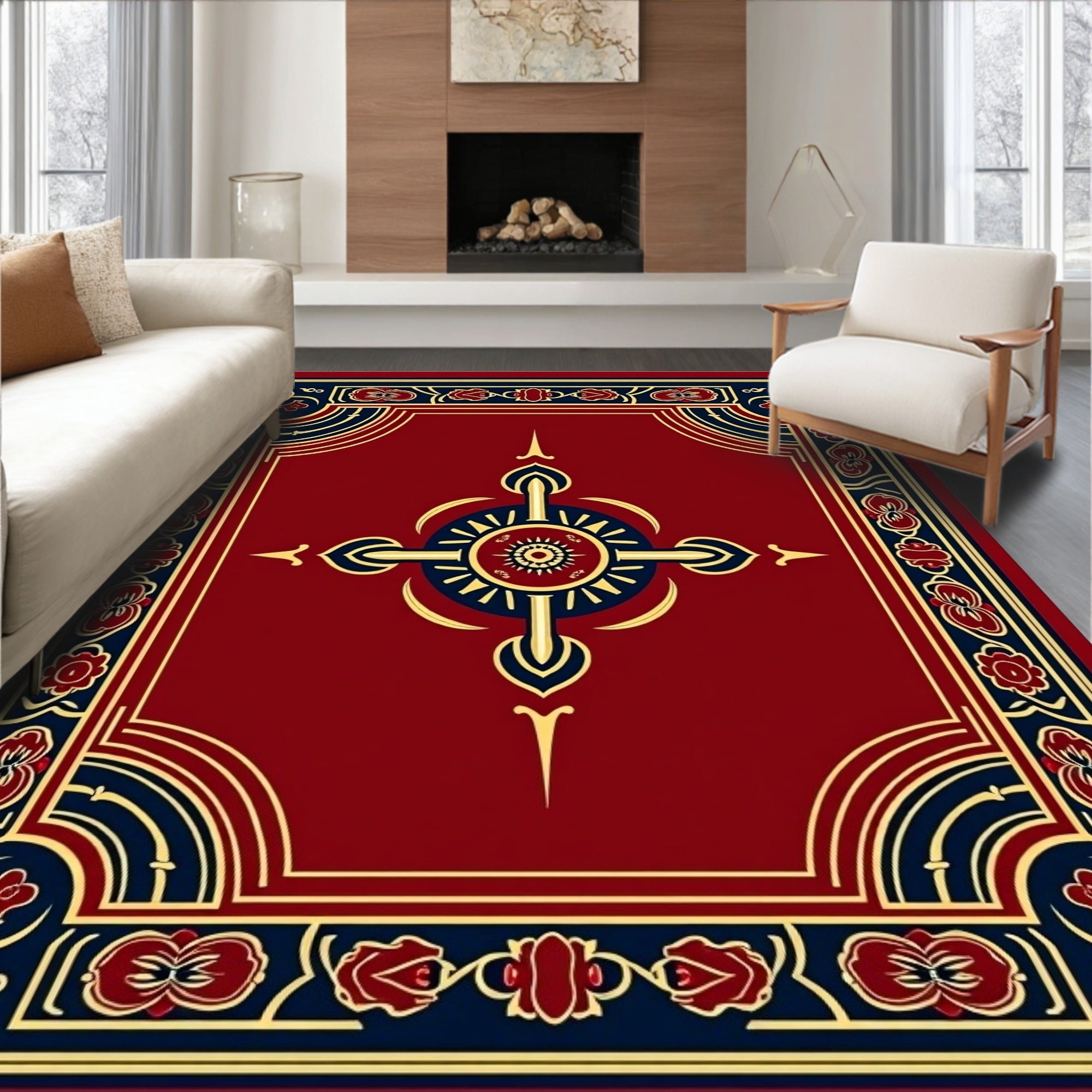 Elegant Red Blue Gold Floral Design Rug