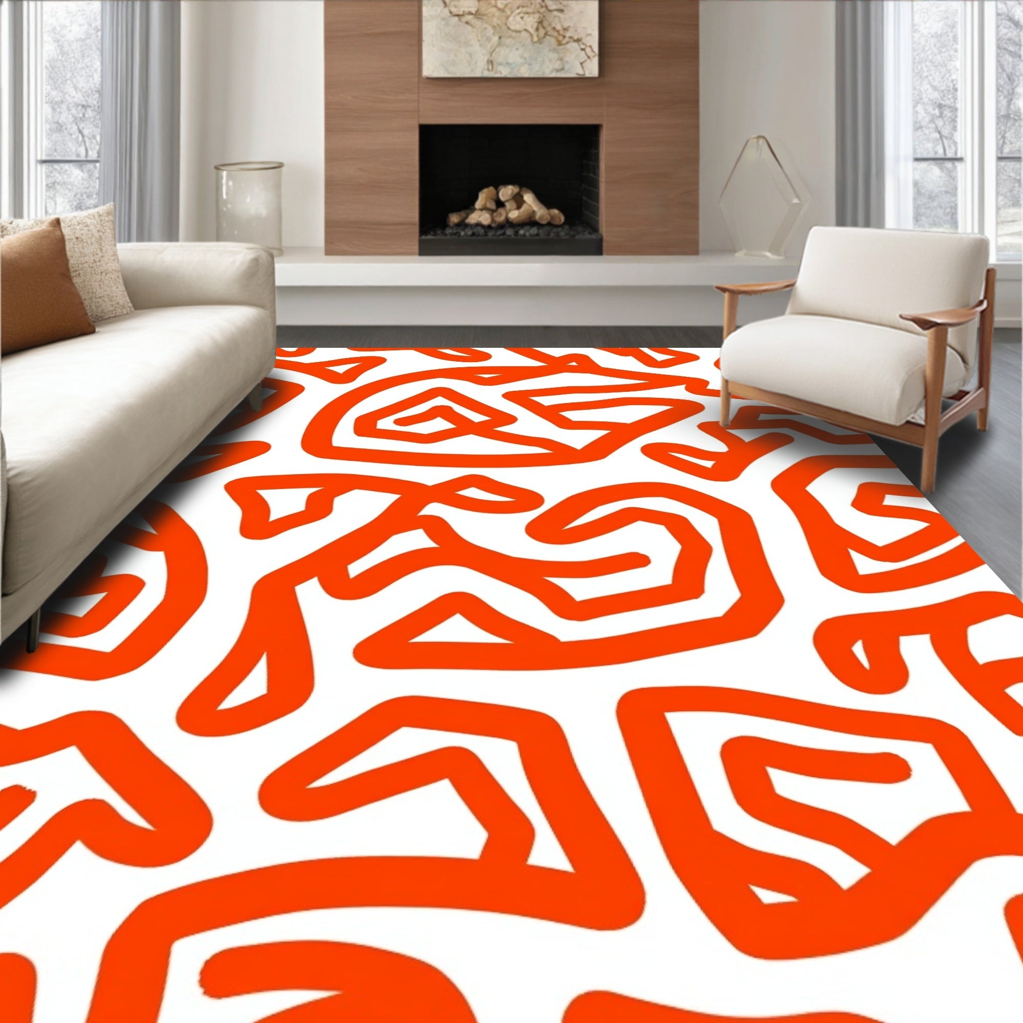 Vibrant Orange Abstract Line Pattern Rug
