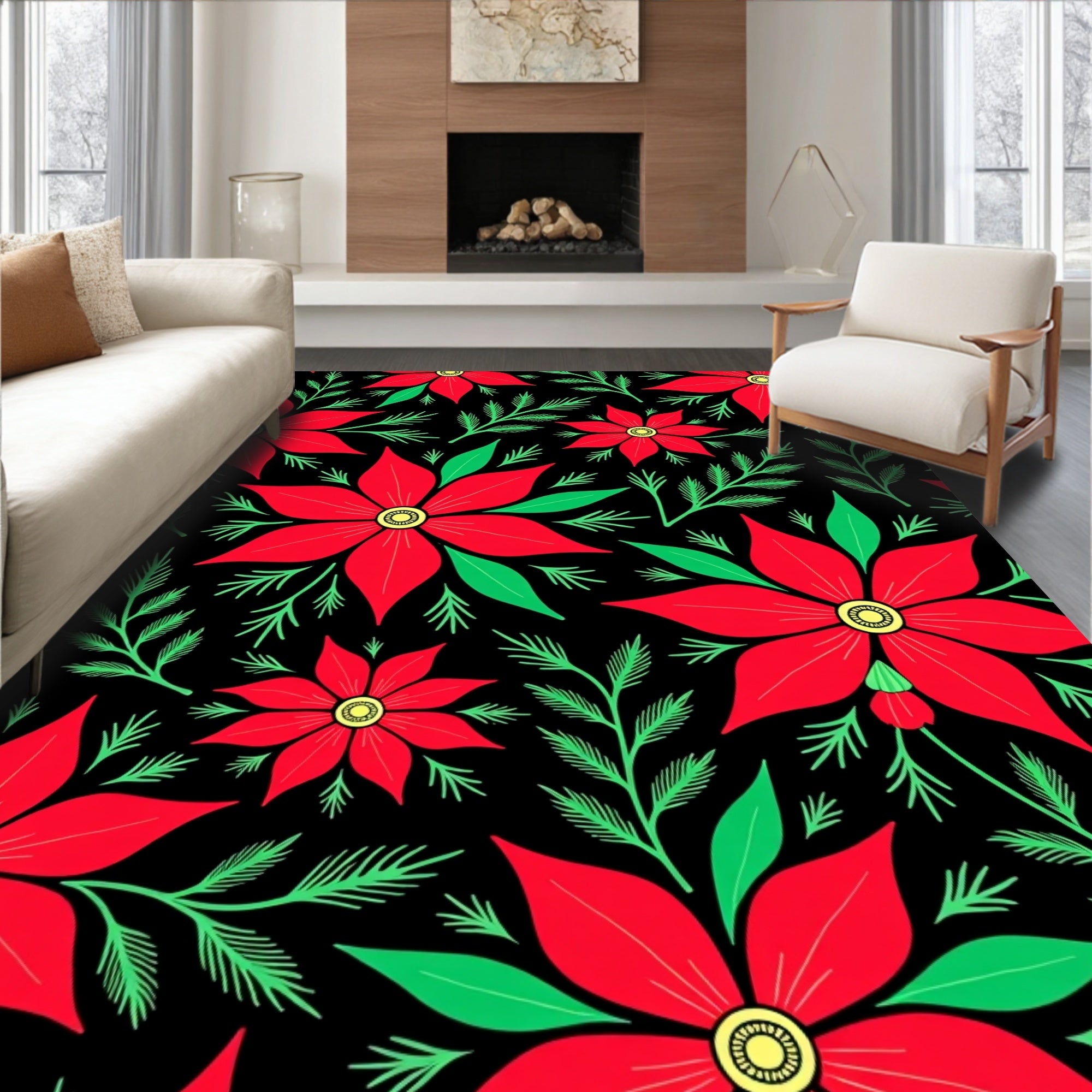 Crimson Poinsettia Botanical Sprigs Rug