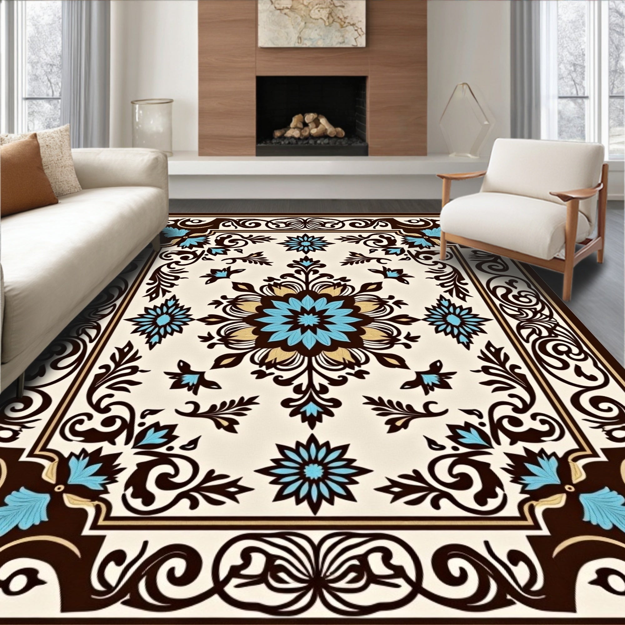 Ornate Floral With Blue Accents Rug
