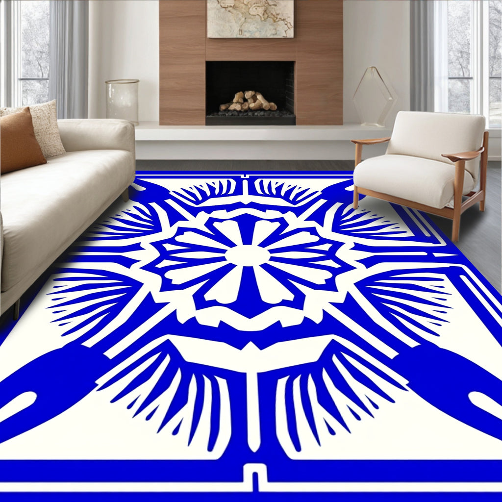 Bold Blue White Radial Pattern Rug