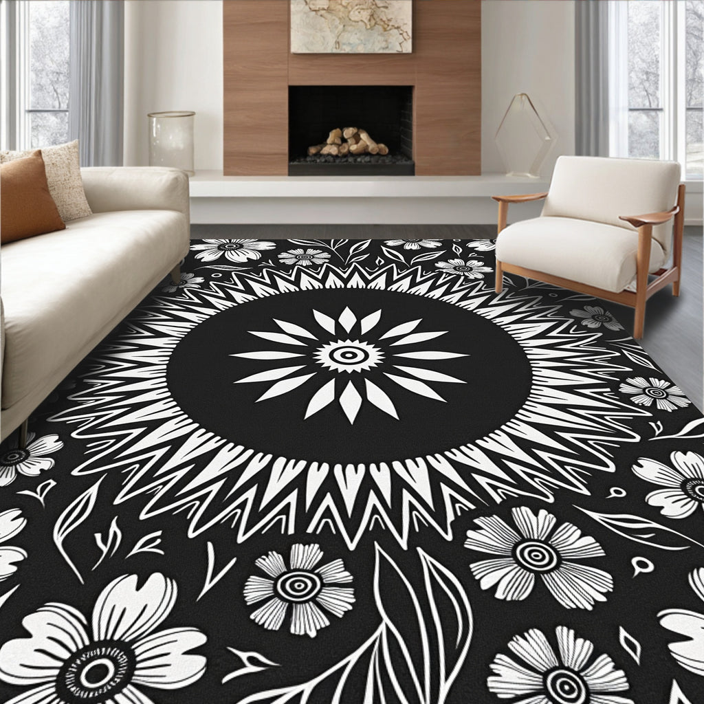 Monochromatic Floral Mandala Graphic Rug