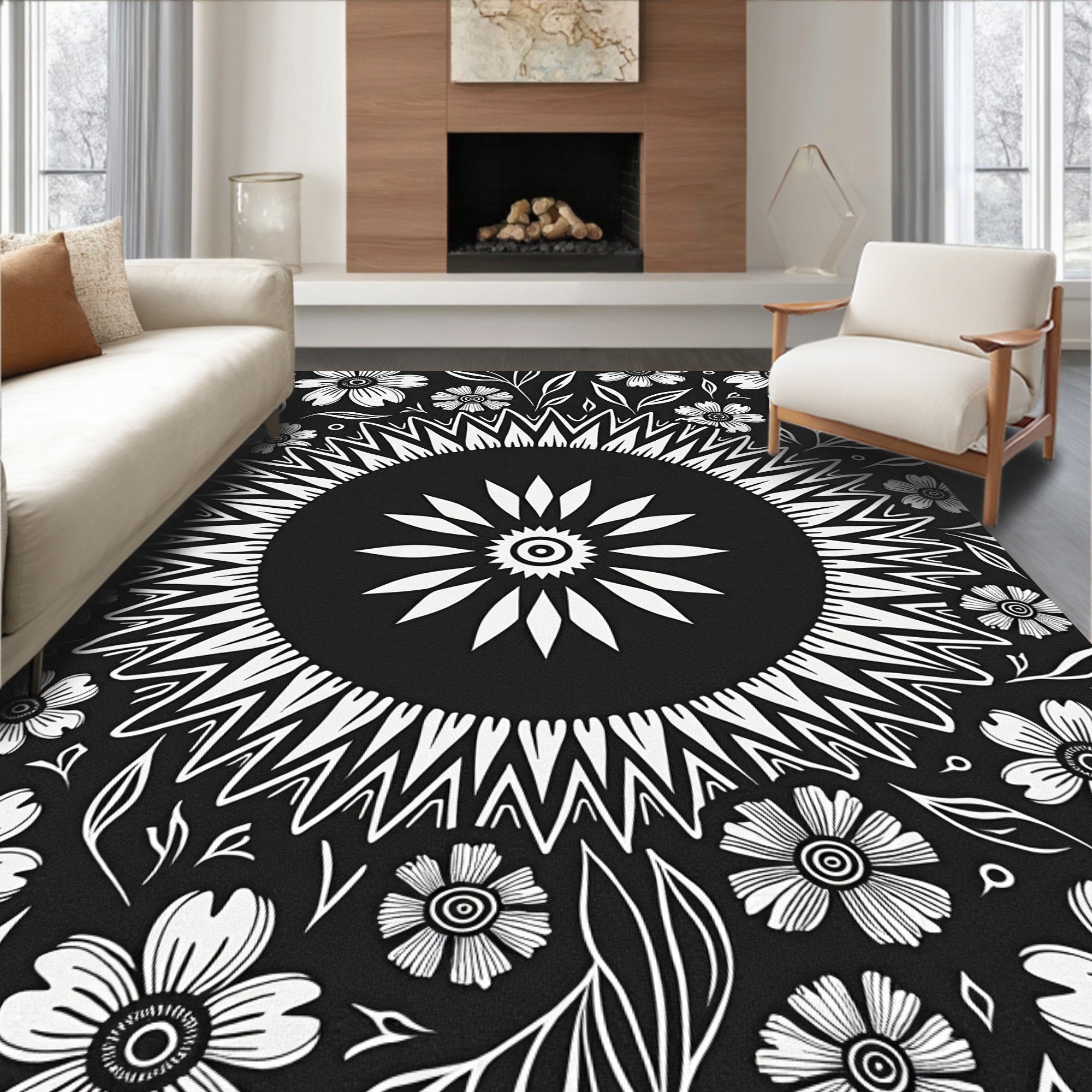 Monochromatic Floral Mandala Graphic Rug