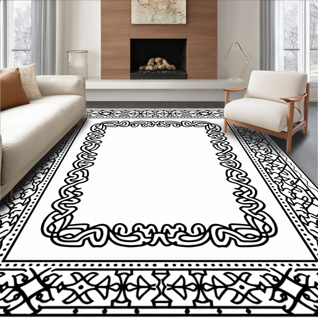 Intricate Black White Floral Patterned Rug