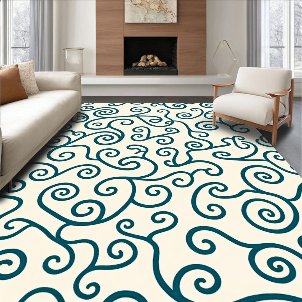 Teal Swirl Patterned Design Rug