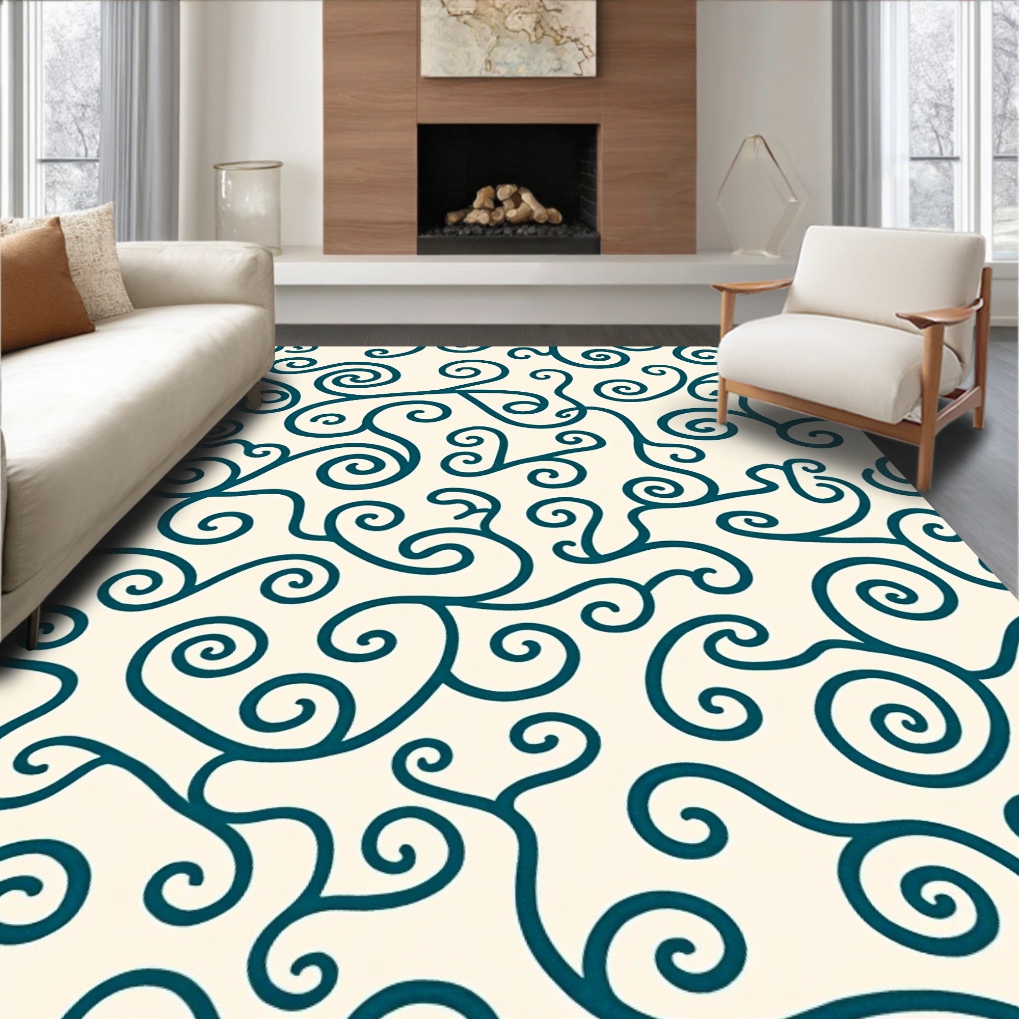 Teal Swirl Patterned Design Rug