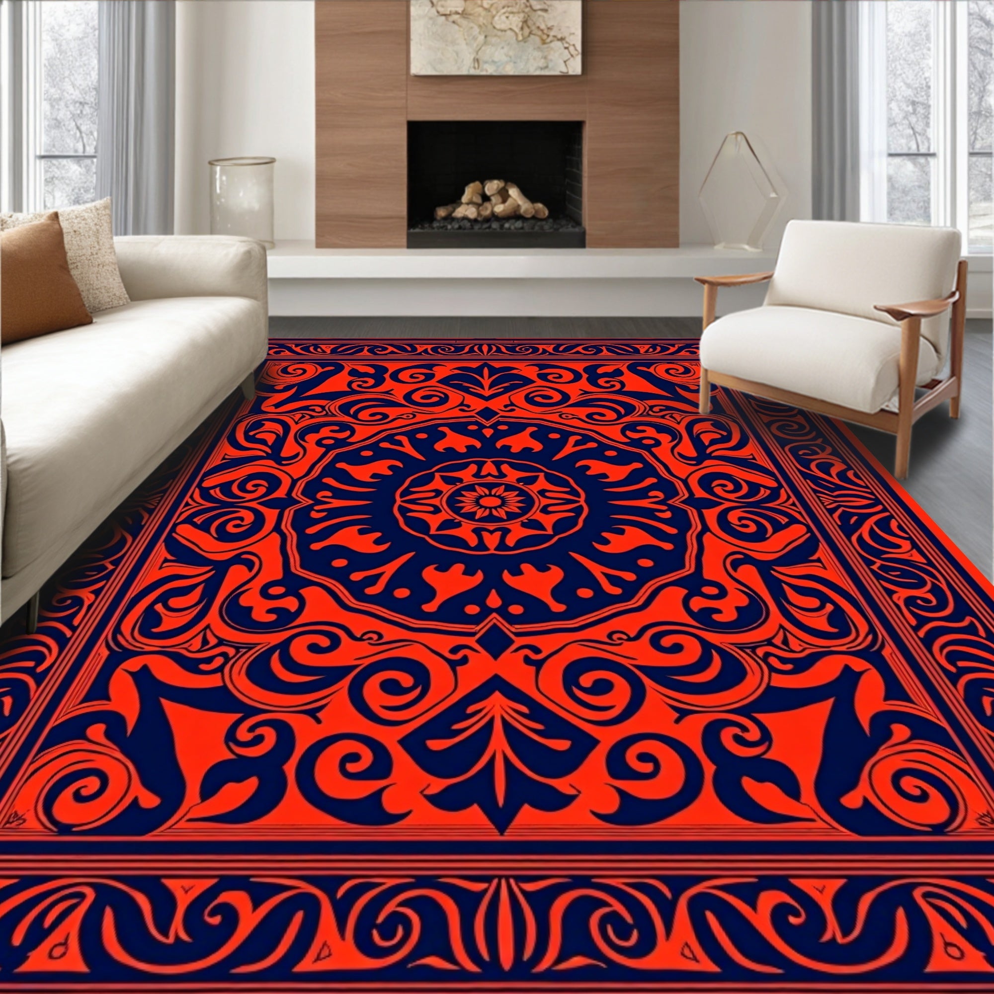 Bold Red Blue Mandala Pattern Rug