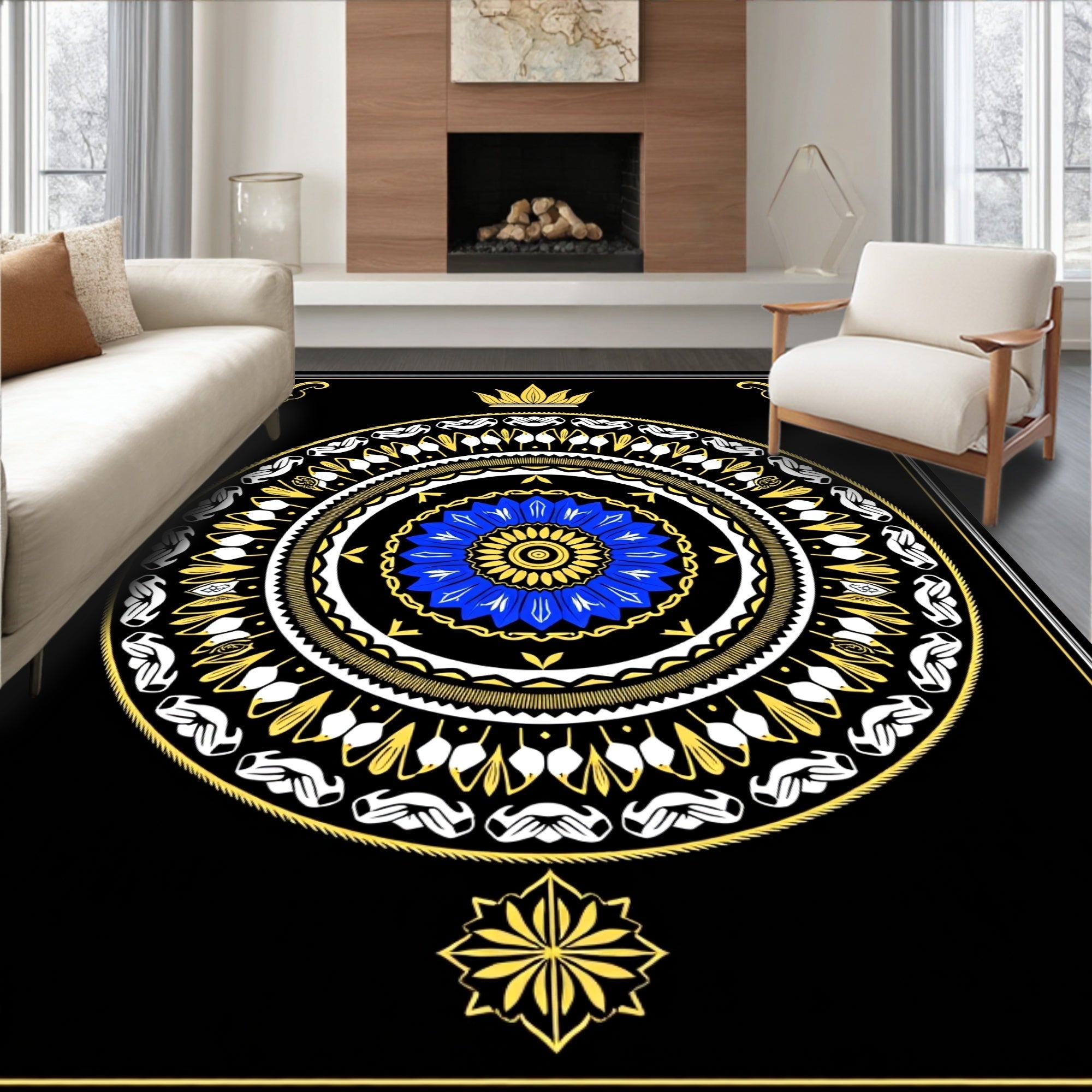 Royal Blue Gold Mandala Art Rug