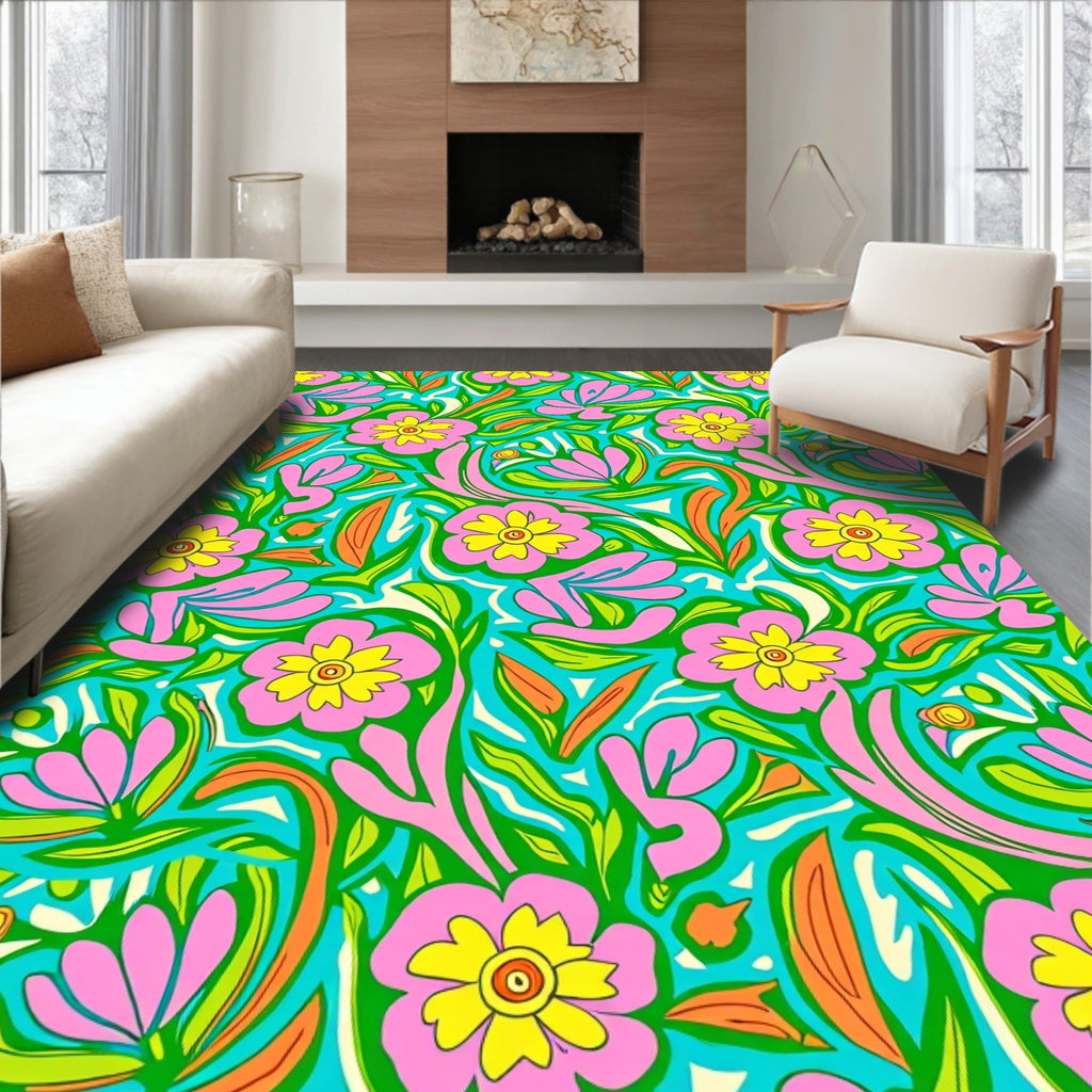 Vibrant Pink Yellow Floral Pattern Rug