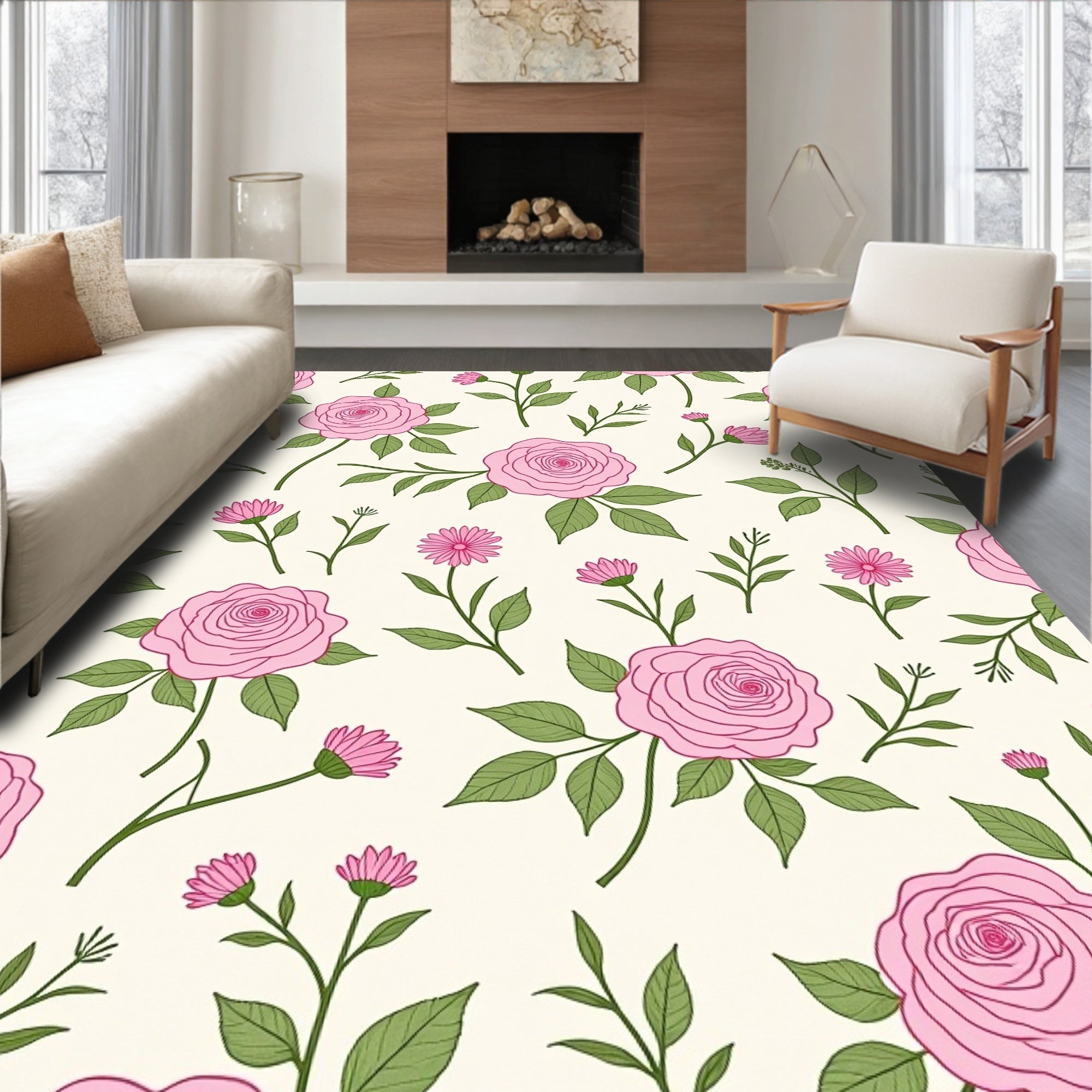 Charming Pink Rose Floral Pattern Rug