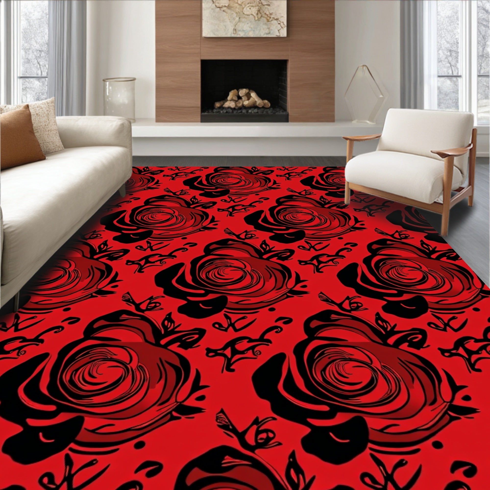 Bold Red Black Rose Pattern Rug