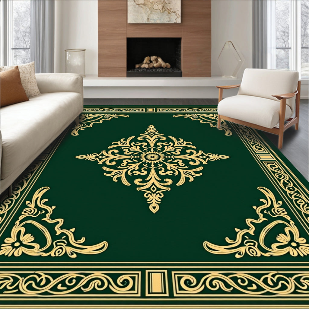 Ornate Floral Gold Green Design Rug