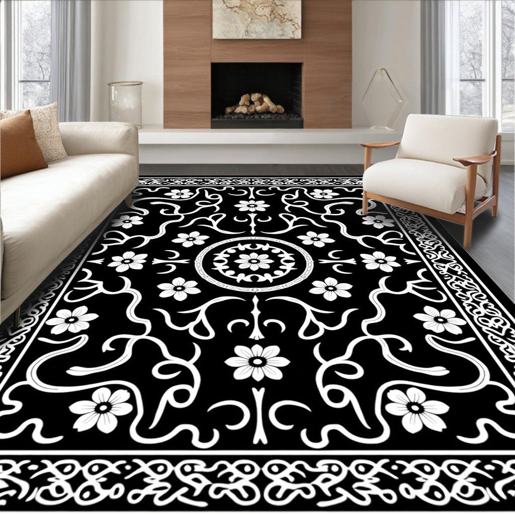 Classic White Floral Scrollwork Pattern Rug