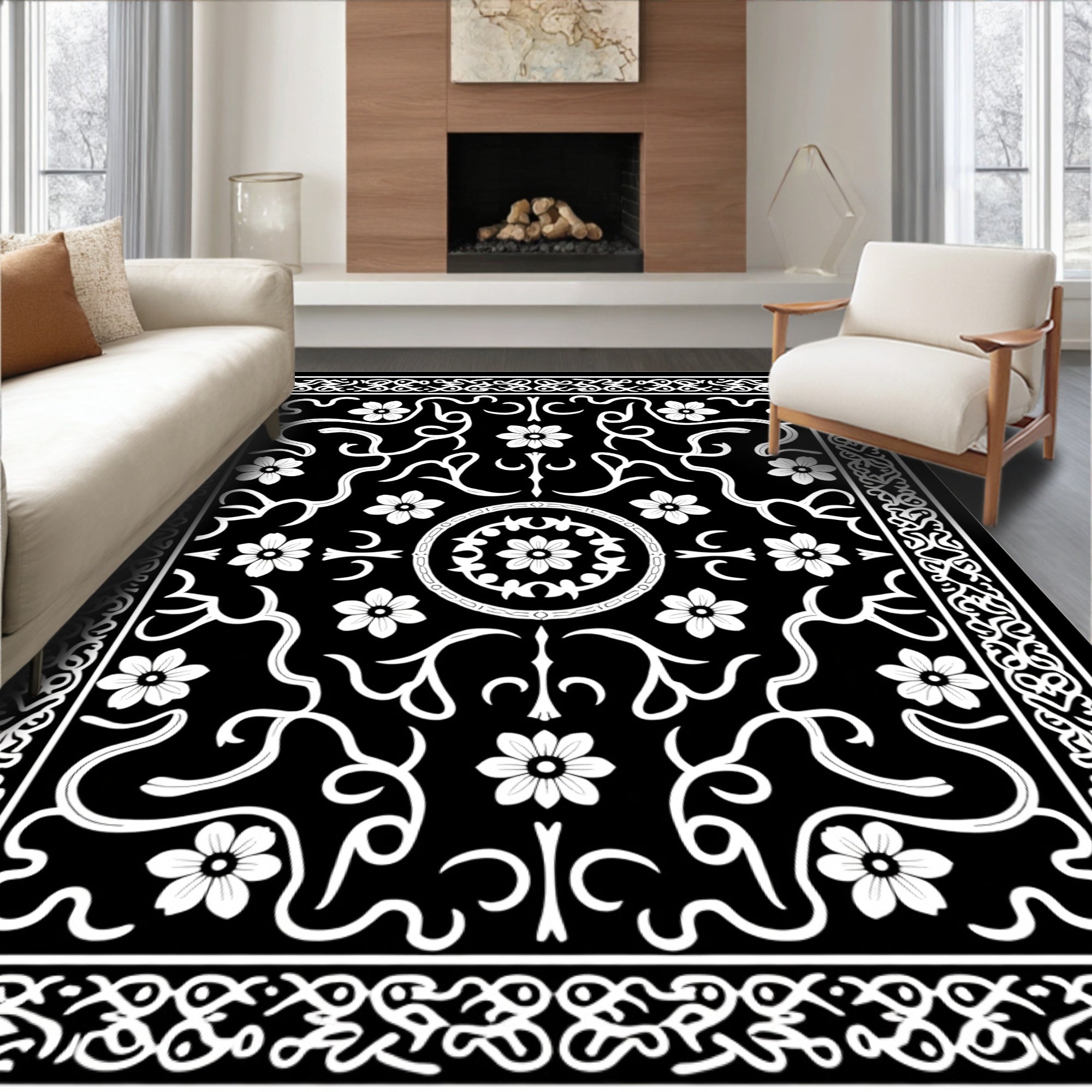 Classic White Floral Scrollwork Pattern Rug