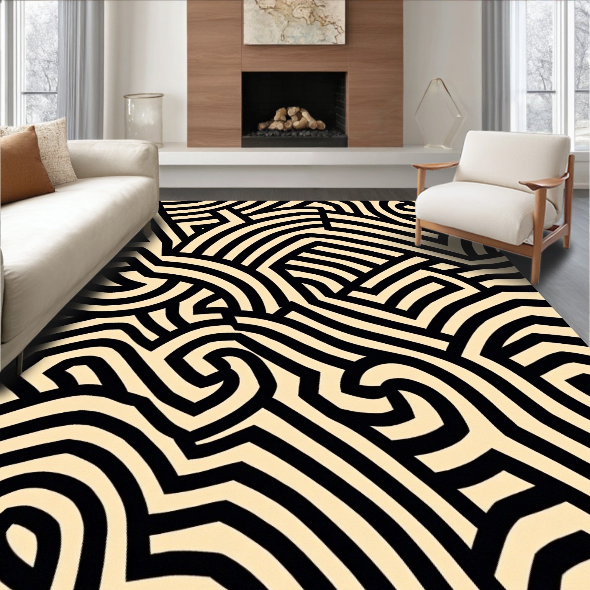 Black Cream Abstract Intertwined Pattern Rug