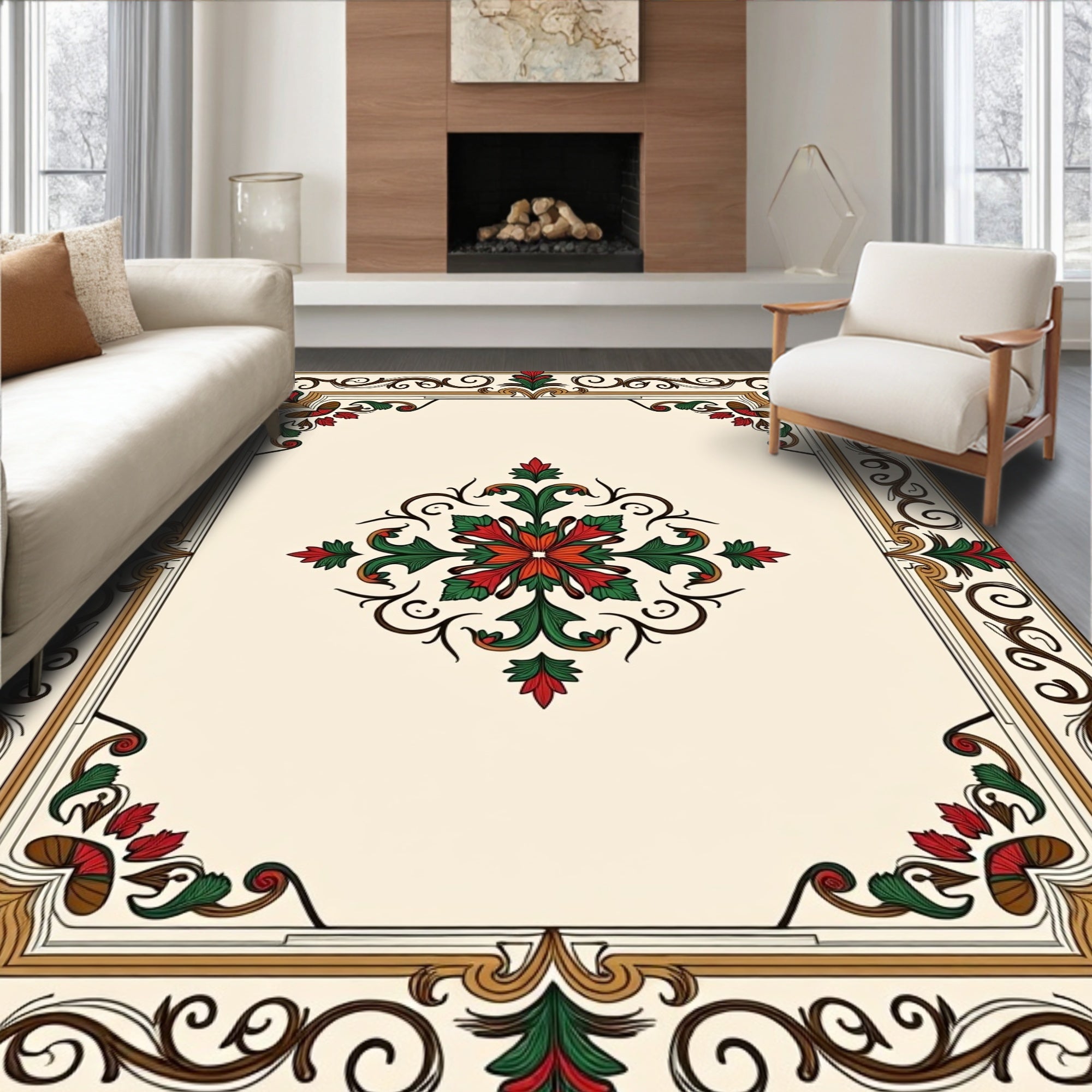 Ornate Floral Scrollwork Border Design Rug