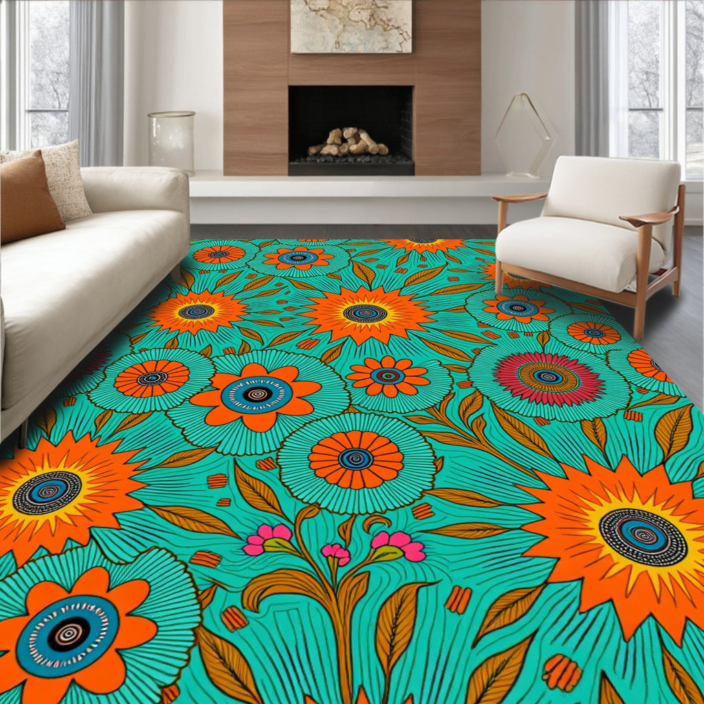 Vibrant Teal Floral Sunburst Design Rug