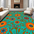 Vibrant Teal Floral Sunburst Design Rug