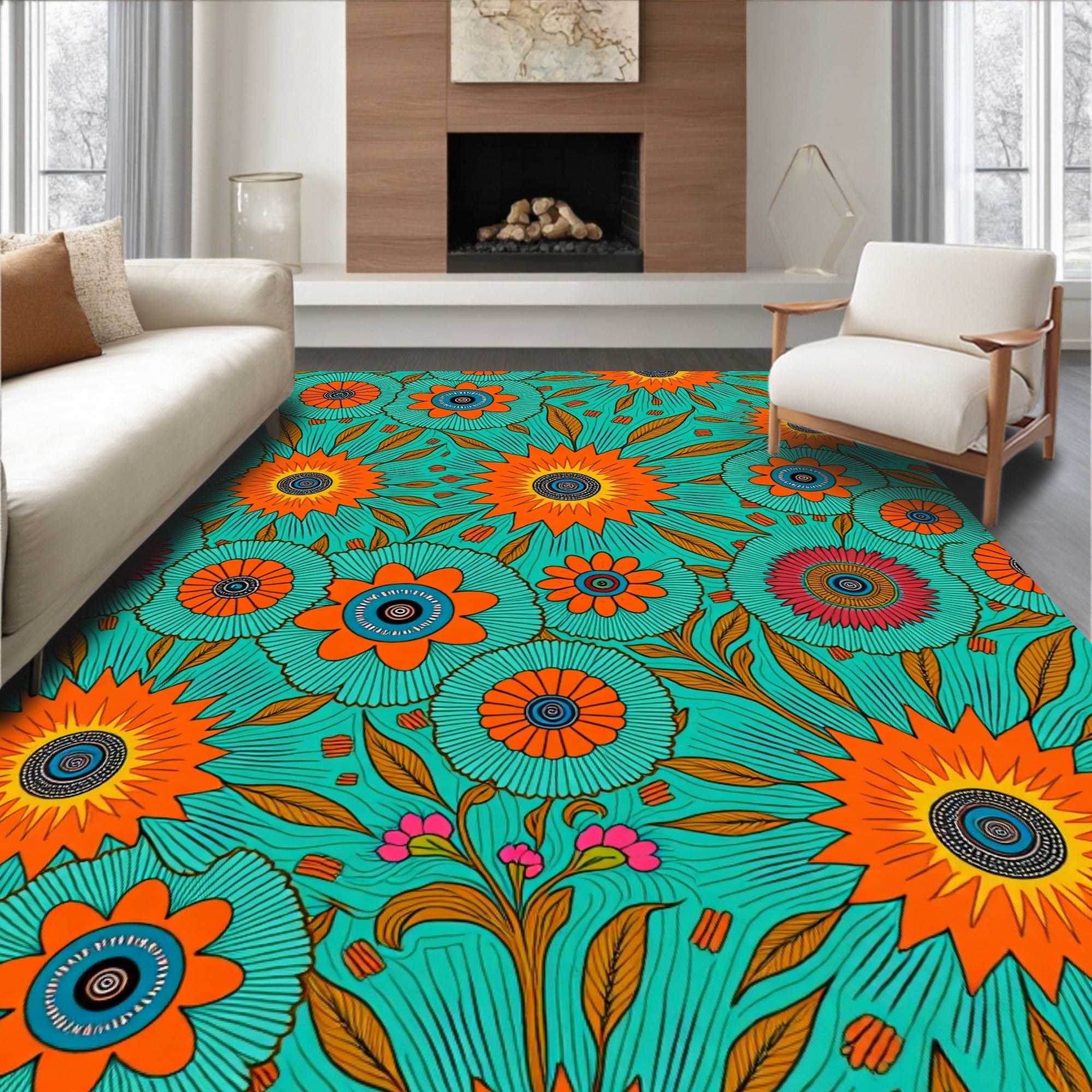 Vibrant Teal Floral Sunburst Design Rug