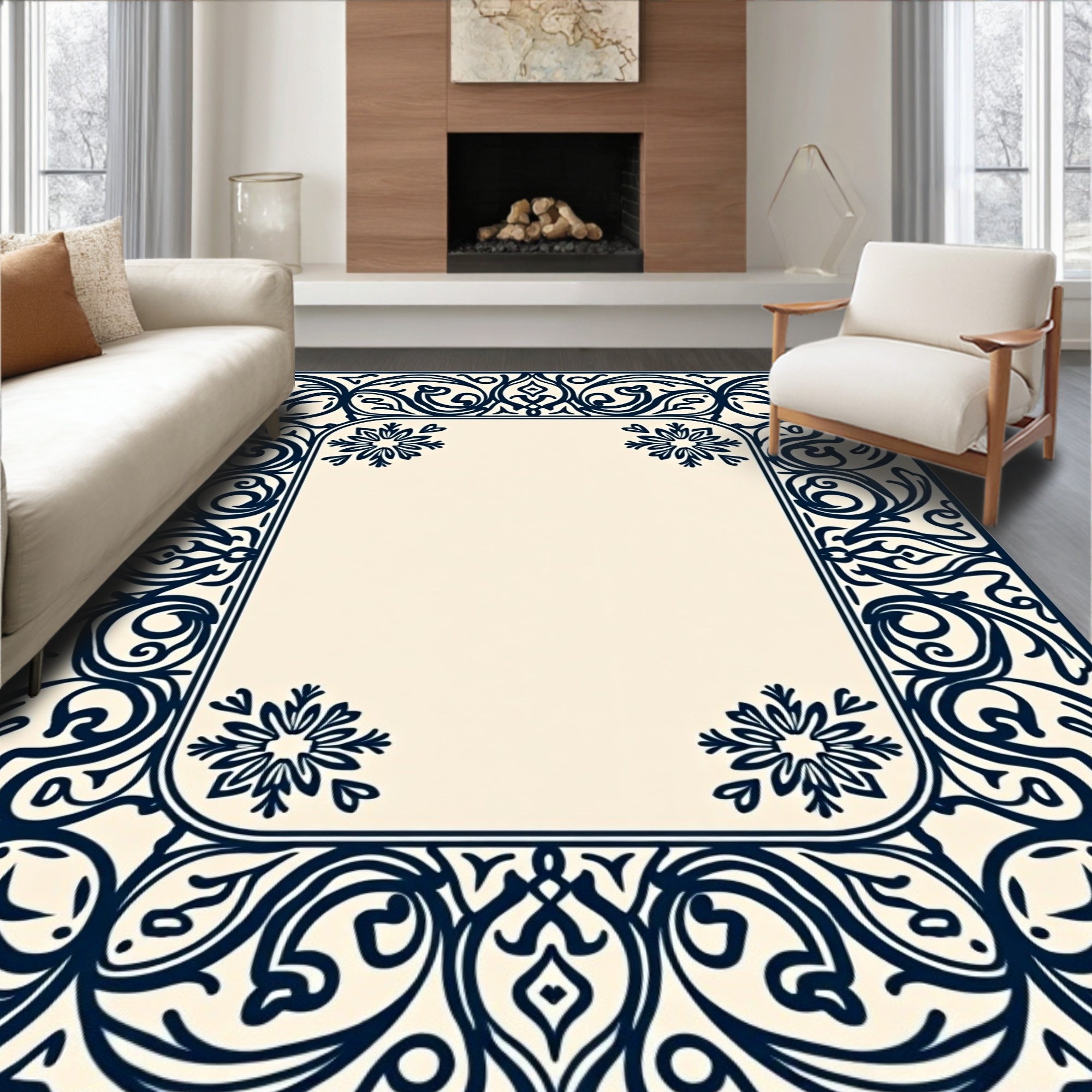 Classic Scrollwork Floral Frame Rug