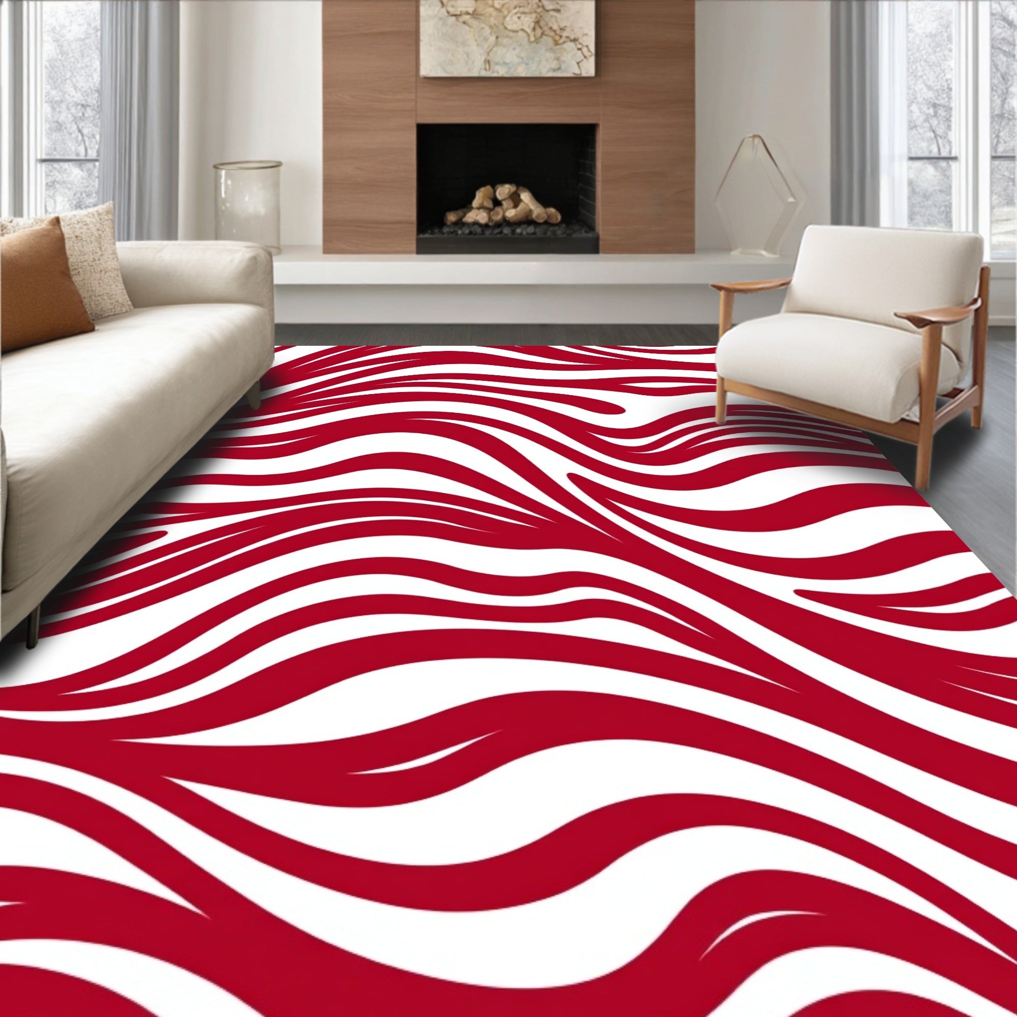 Bold Red White Flowing Lines Rug