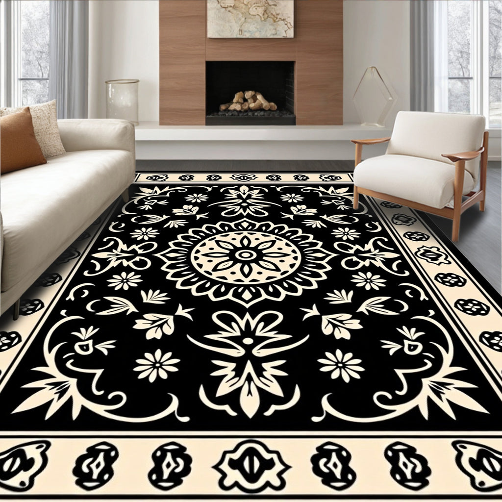Ornate Floral Symmetry Black Cream Rug