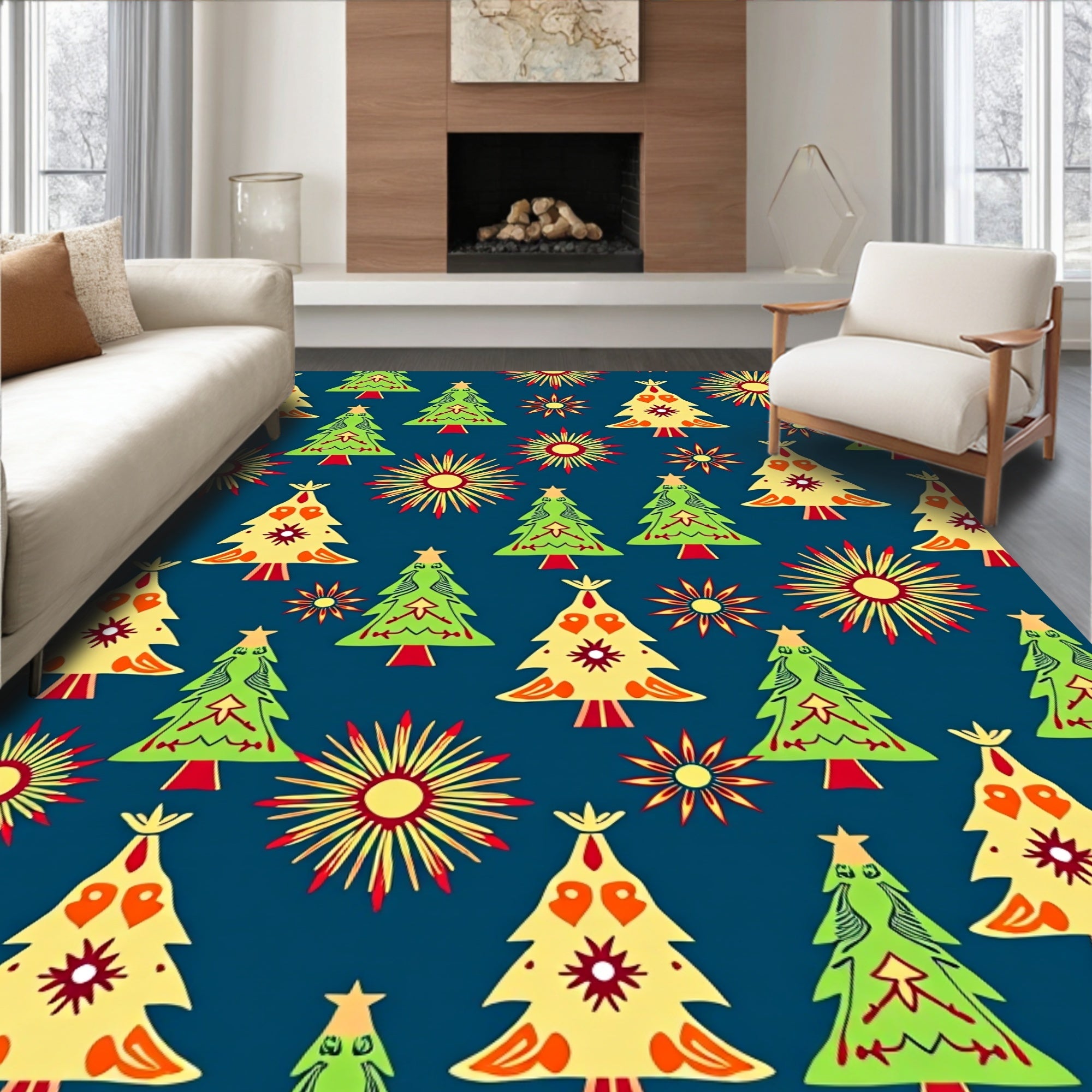 Festive Green Yellow Trees Sunbursts Rug