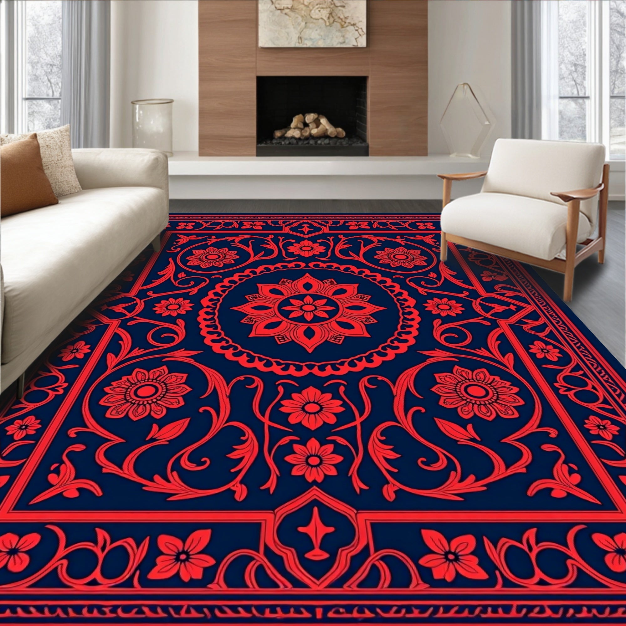 Red Floral Vintage Patterned Rug