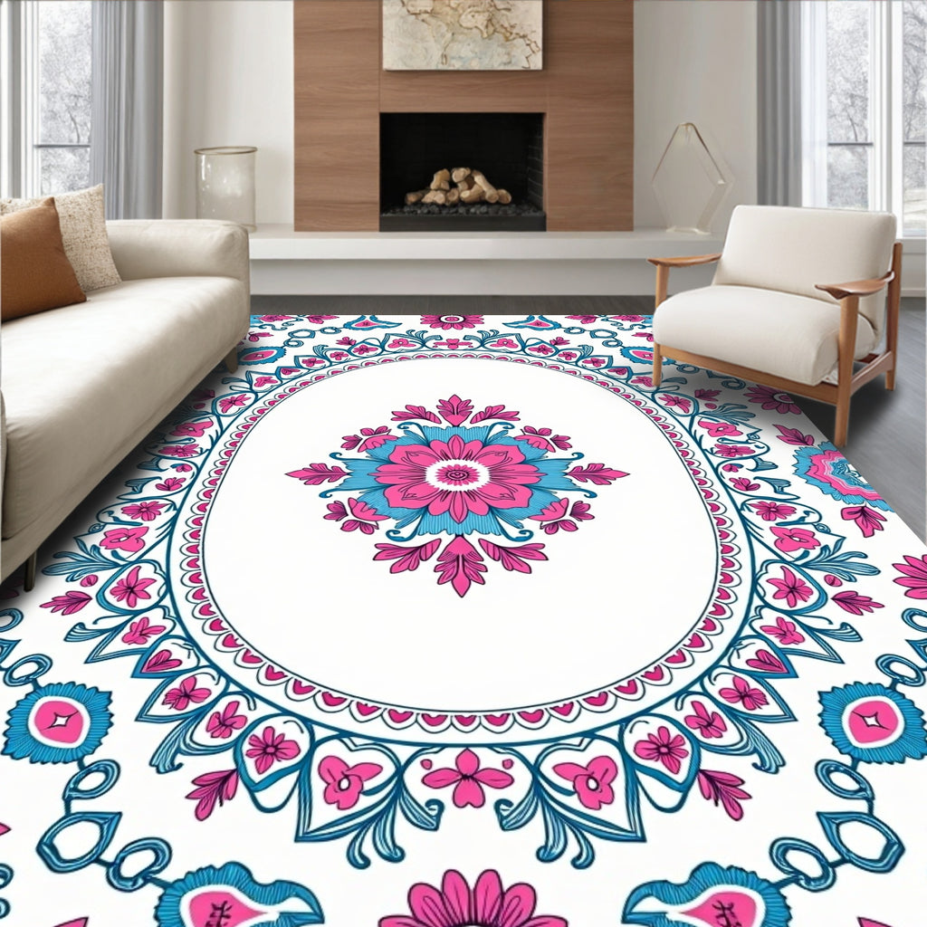 Floral Medallion Pink Teal Design Rug