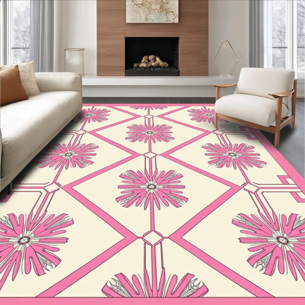 Pink Petal Geometric Patterned Design Rug