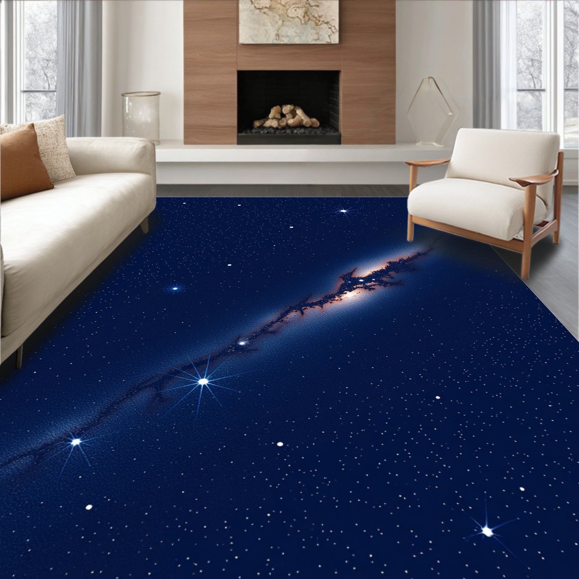 Cosmic Deep Blue Starry Nebula Rug