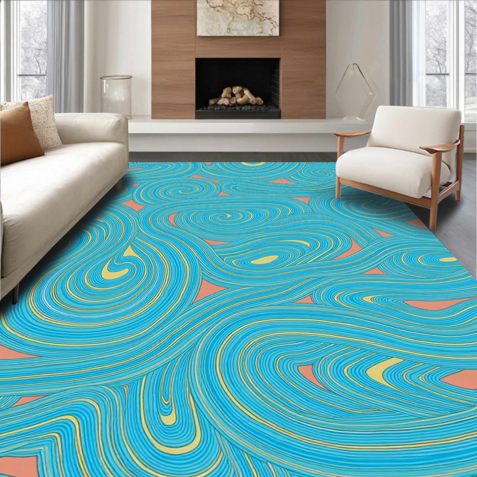 Aqua Swirls Waves Pattern Rug