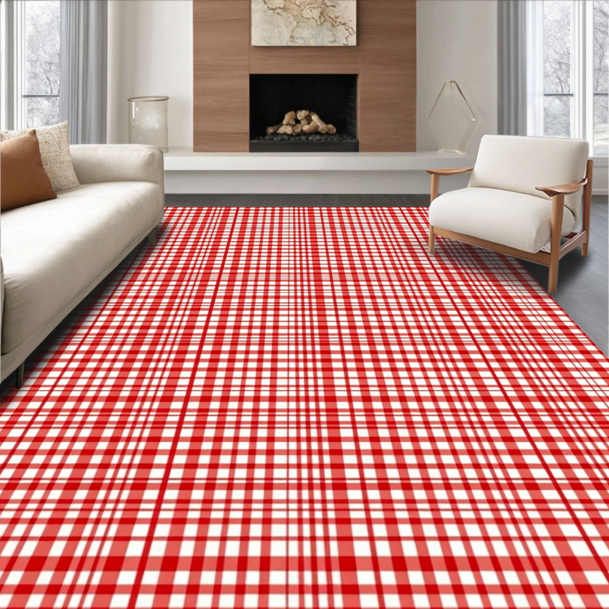 Classic Red White Plaid Tartan Rug