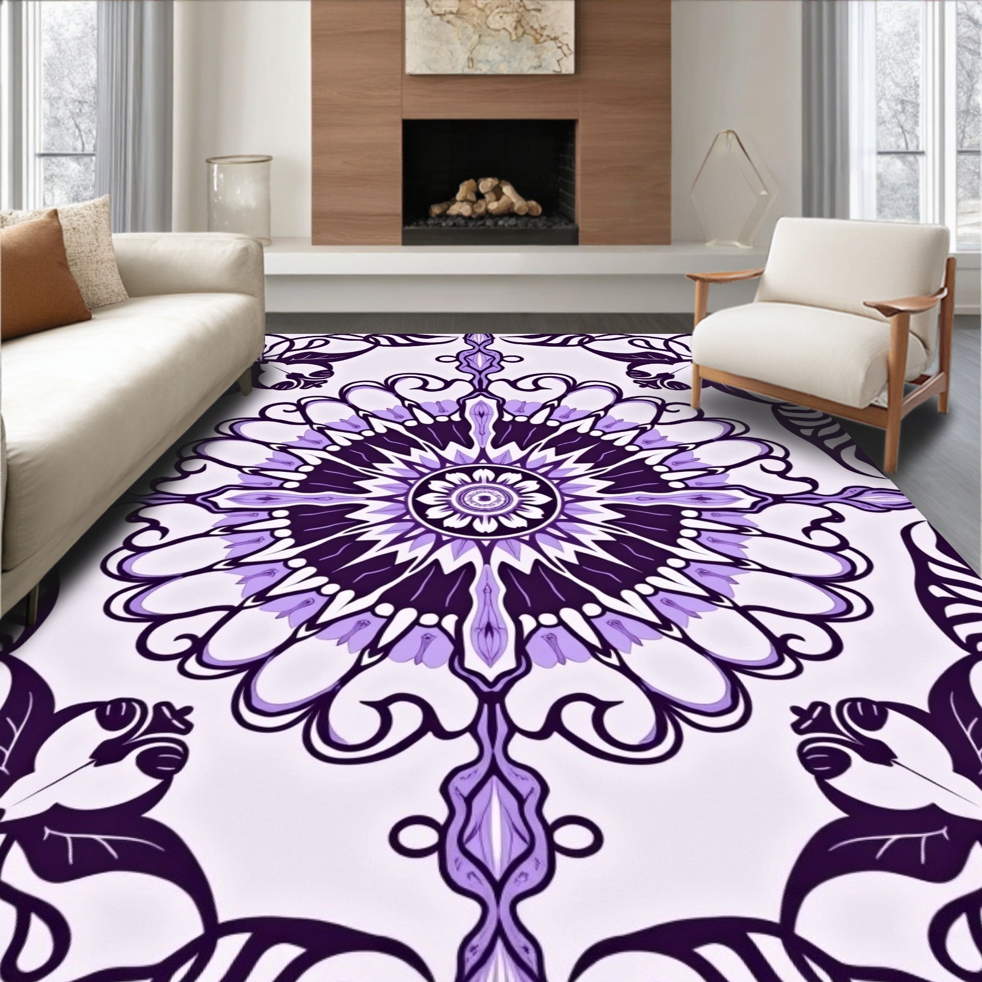 Ornate Purple Floral Mandala Pattern Rug