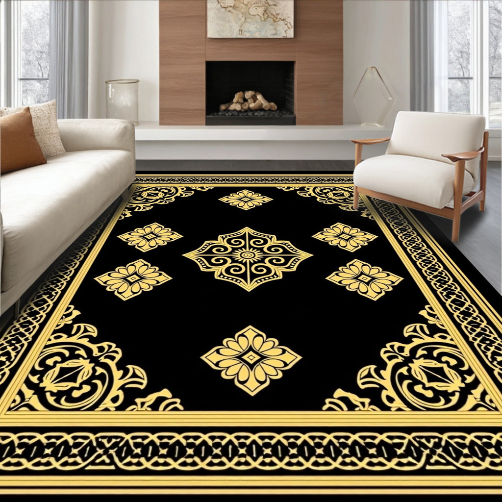 Black Gold Ornate Floral Patterned Rug