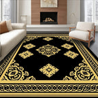 Black Gold Ornate Floral Patterned Rug