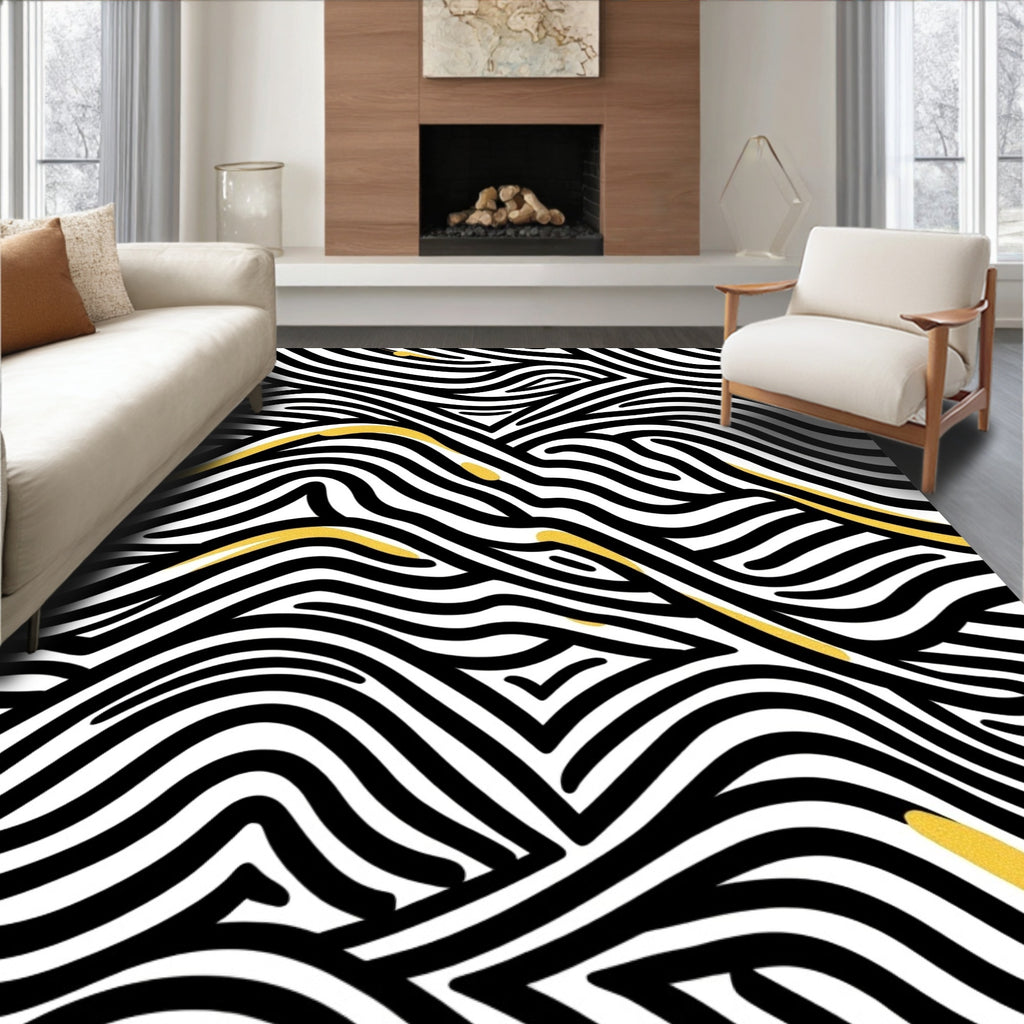 Bold Black Gold Wavy Lines Rug