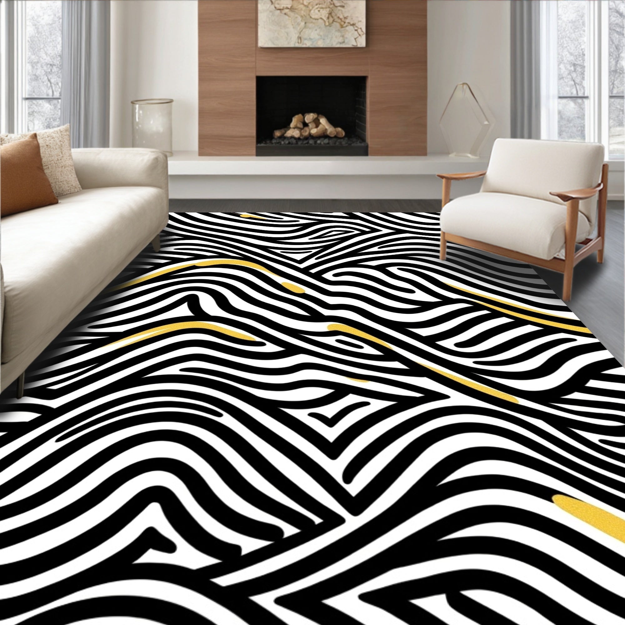Bold Black Gold Wavy Lines Rug