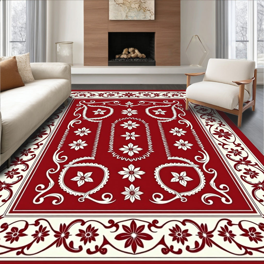 Classic Floral Border Red Cream Rug