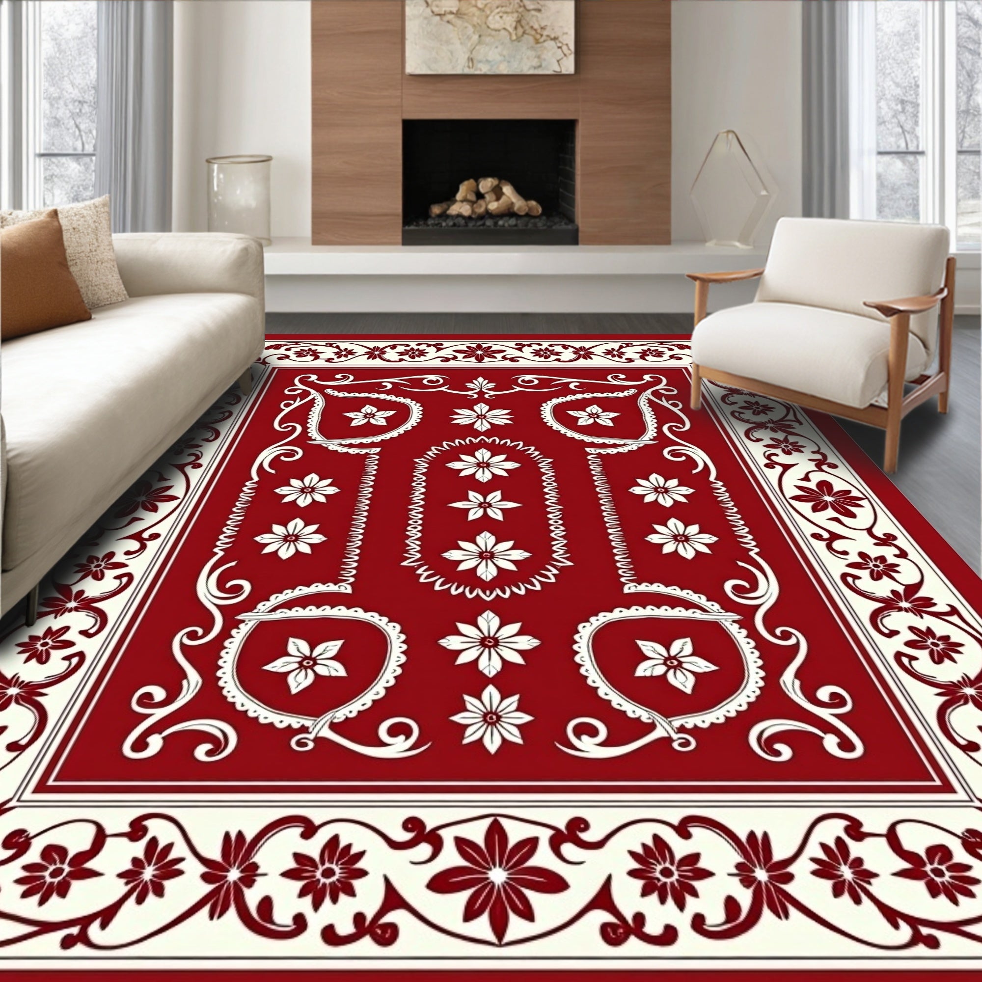 Classic Floral Border Red Cream Rug