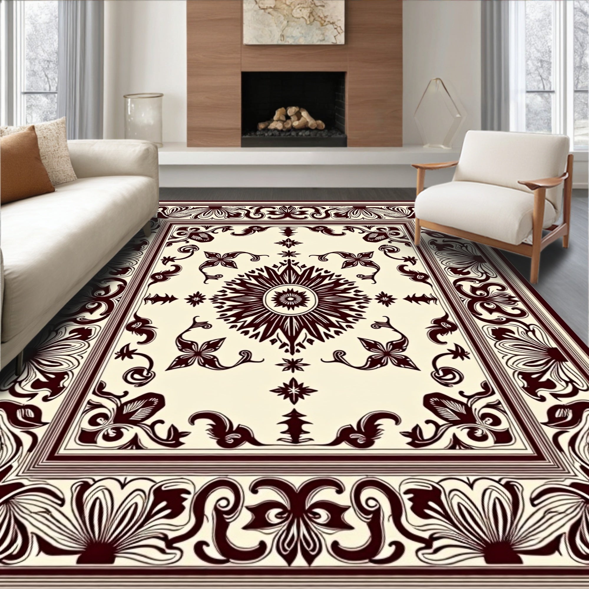 Ornate Floral Border With Central Sunburst Rug