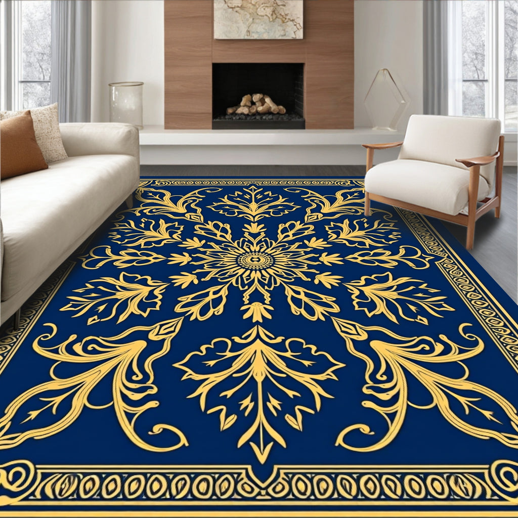 Navy Golden Floral Medallion Rug