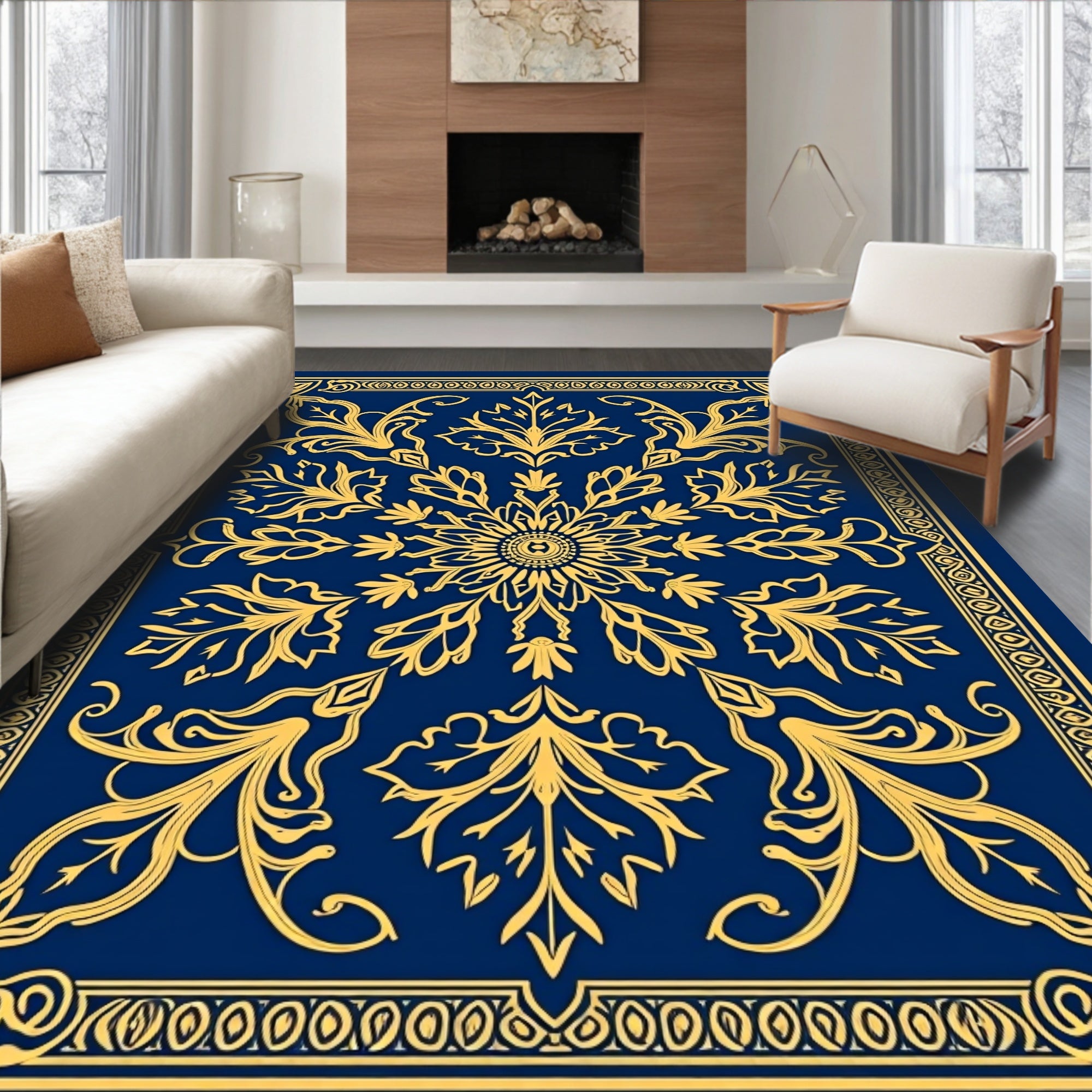 Navy Golden Floral Medallion Rug